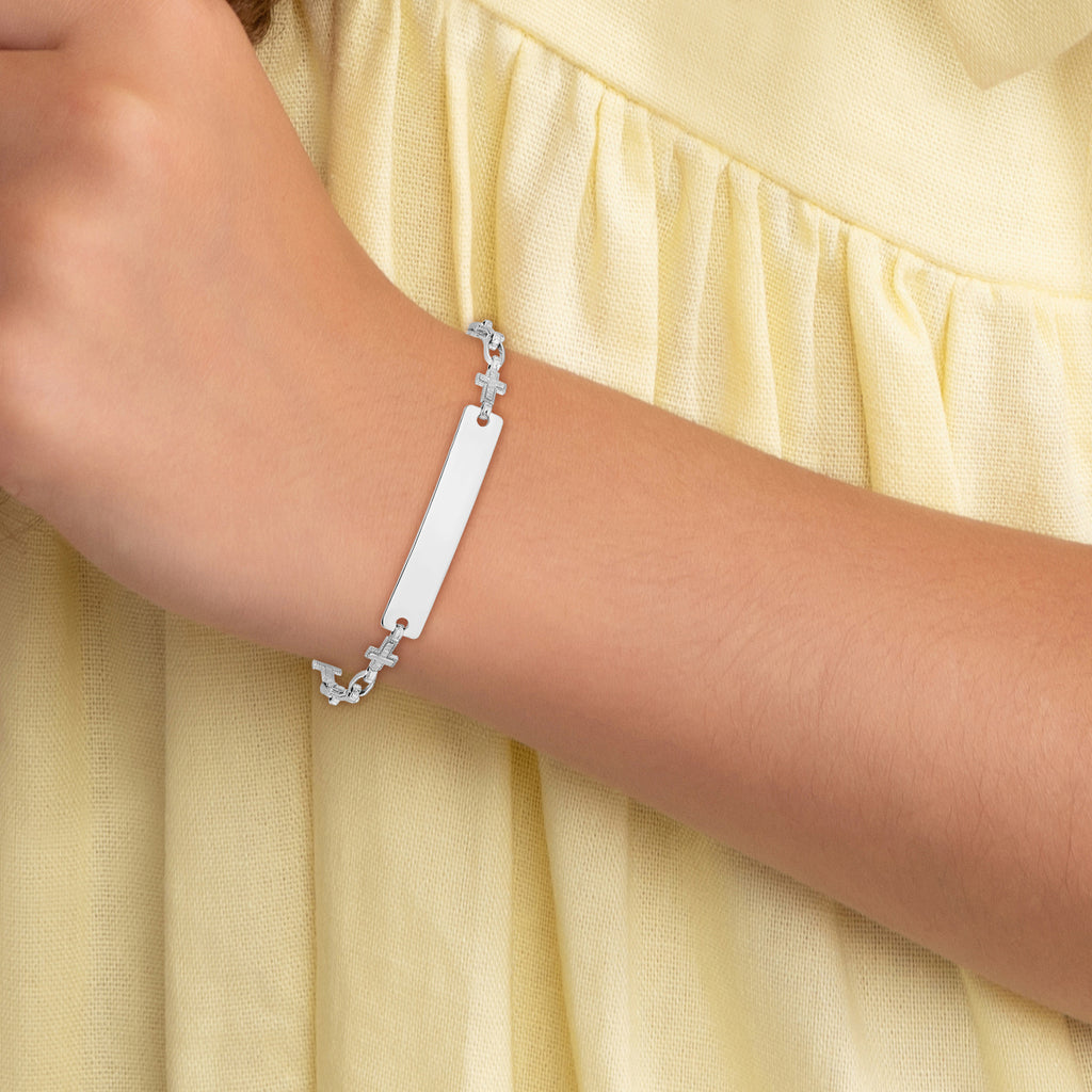 Sterling Silver Rhodium-plated Engravable Cross Link 30x5.5mm Plate 6.25 inch ID Bracelet
