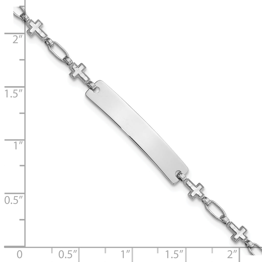Sterling Silver Rhodium-plated Engravable Cross Link 30x5.5mm Plate 6.25 inch ID Bracelet
