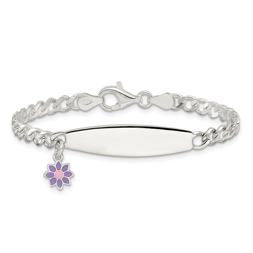 Sterling Silver Purple and Yellow Enameled Flower Charm Curb Link 36x7mm Plate 6 inch ID Bracelet