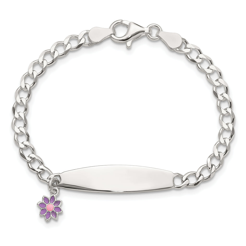 Sterling Silver Purple and Yellow Enameled Flower Charm Curb Link 36x7mm Plate 6 inch ID Bracelet