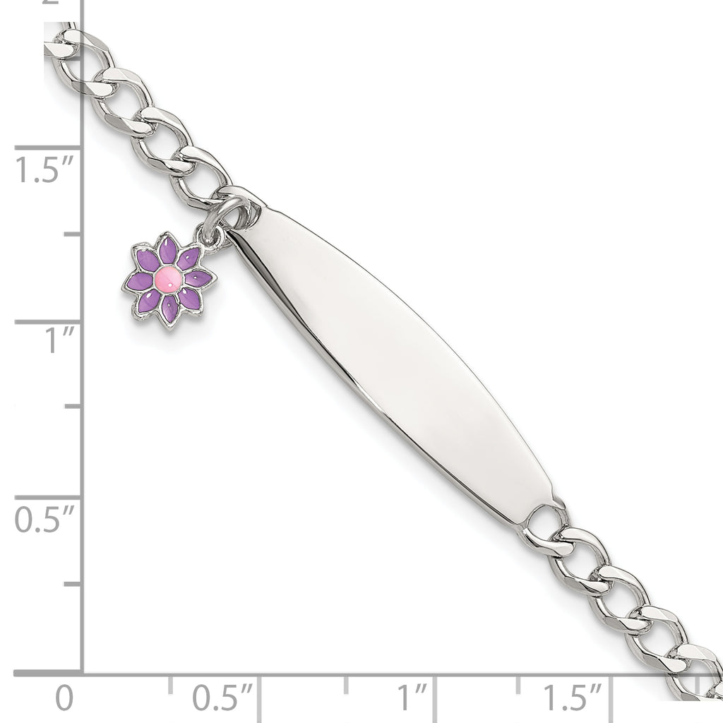 Sterling Silver Purple and Yellow Enameled Flower Charm Curb Link 36x7mm Plate 6 inch ID Bracelet