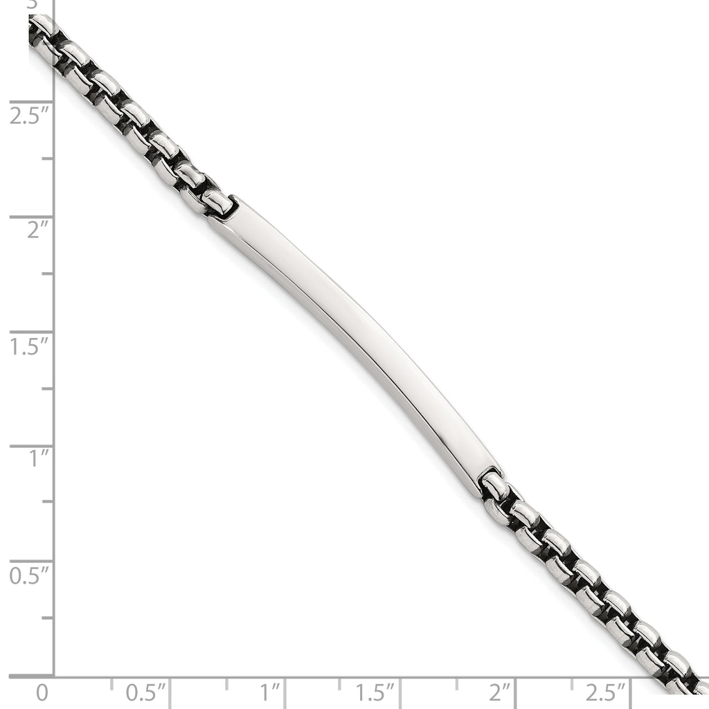 Sterling Silver Antiqued Round Box Chain 8 Inch ID Bar Mens Bracelet