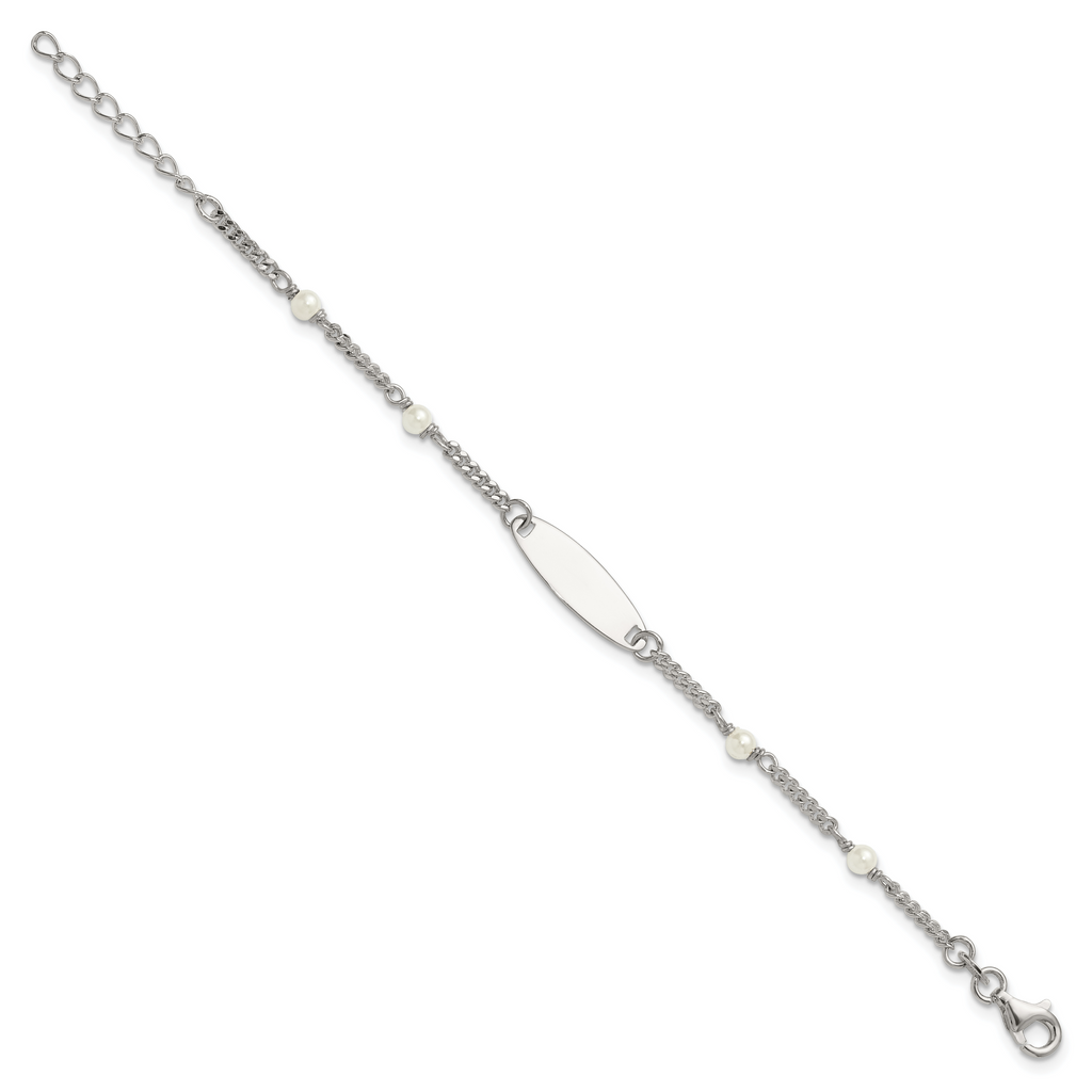 Sterling Silver Polished Curb Link and Acrylic Pearl 5 inch with 1 inch Extension Childrens ID Bracelet
