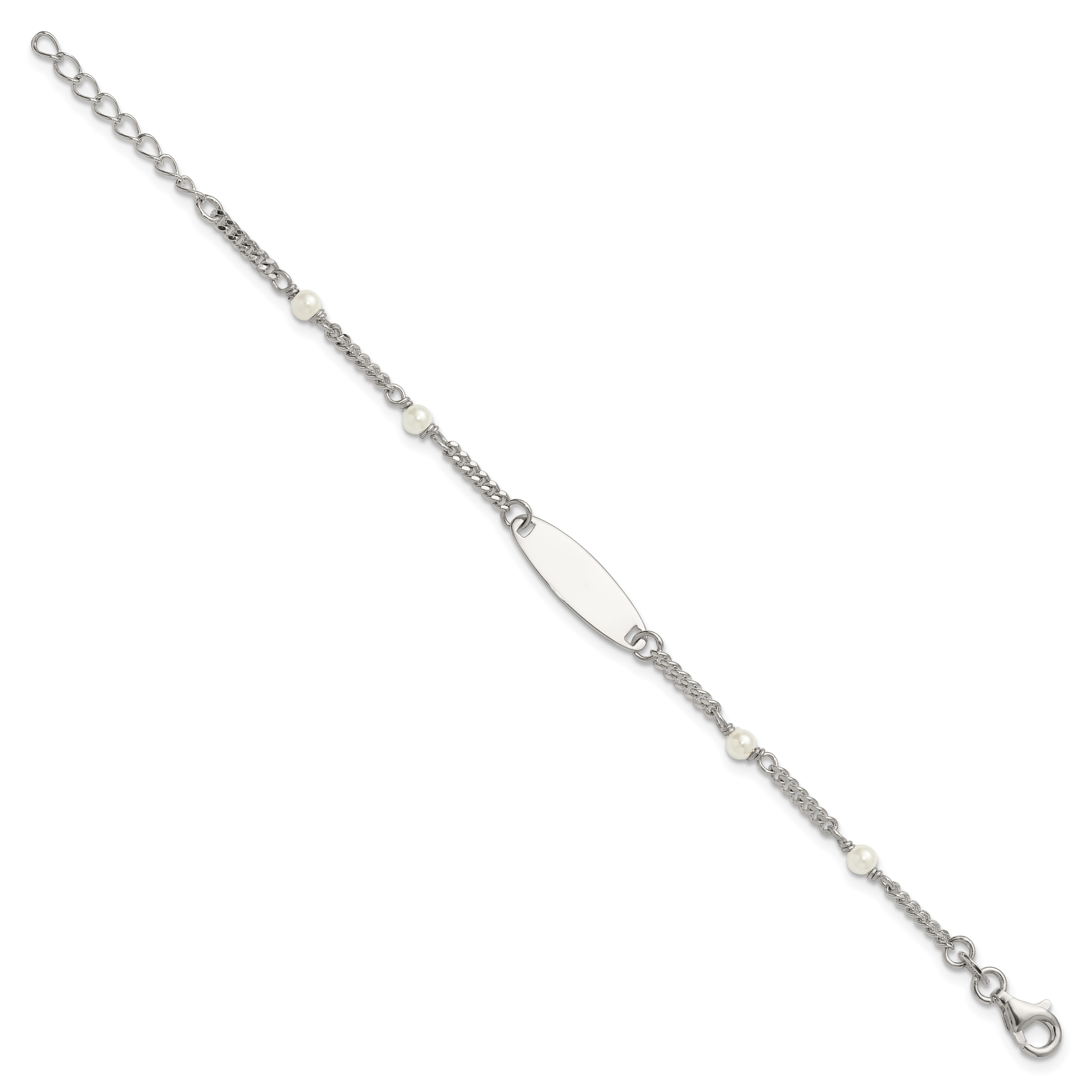 Sterling Silver Polished Curb Link and Acrylic Pearl 5 inch with 1 inch Extension Childrens ID Bracelet
