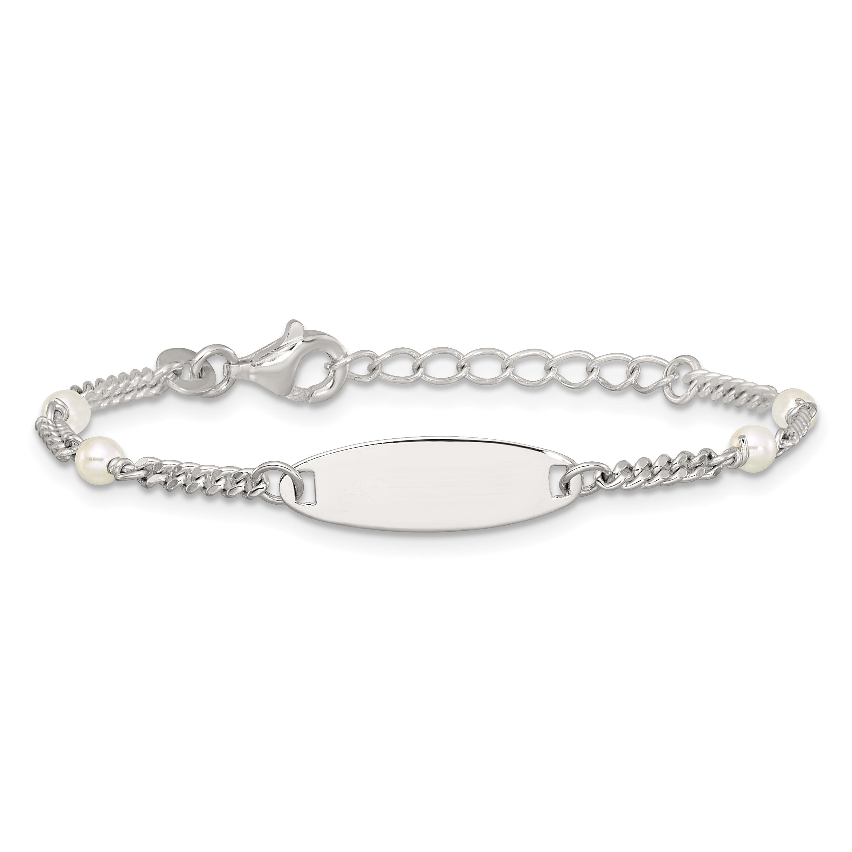 Sterling Silver Polished Curb Link and Acrylic Pearl 5 inch with 1 inch Extension Childrens ID Bracelet