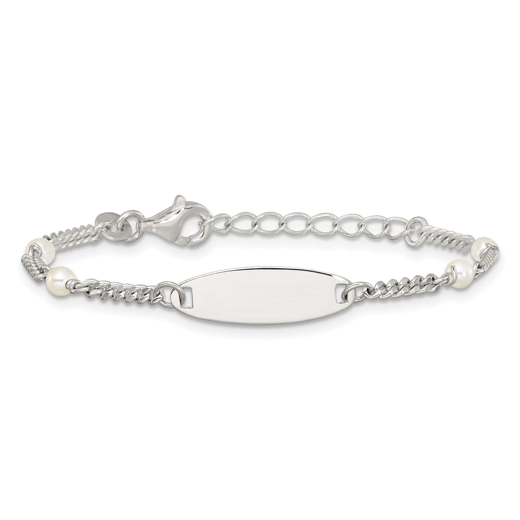 Sterling Silver Polished Curb Link and Acrylic Pearl 5 inch with 1 inch Extension Childrens ID Bracelet
