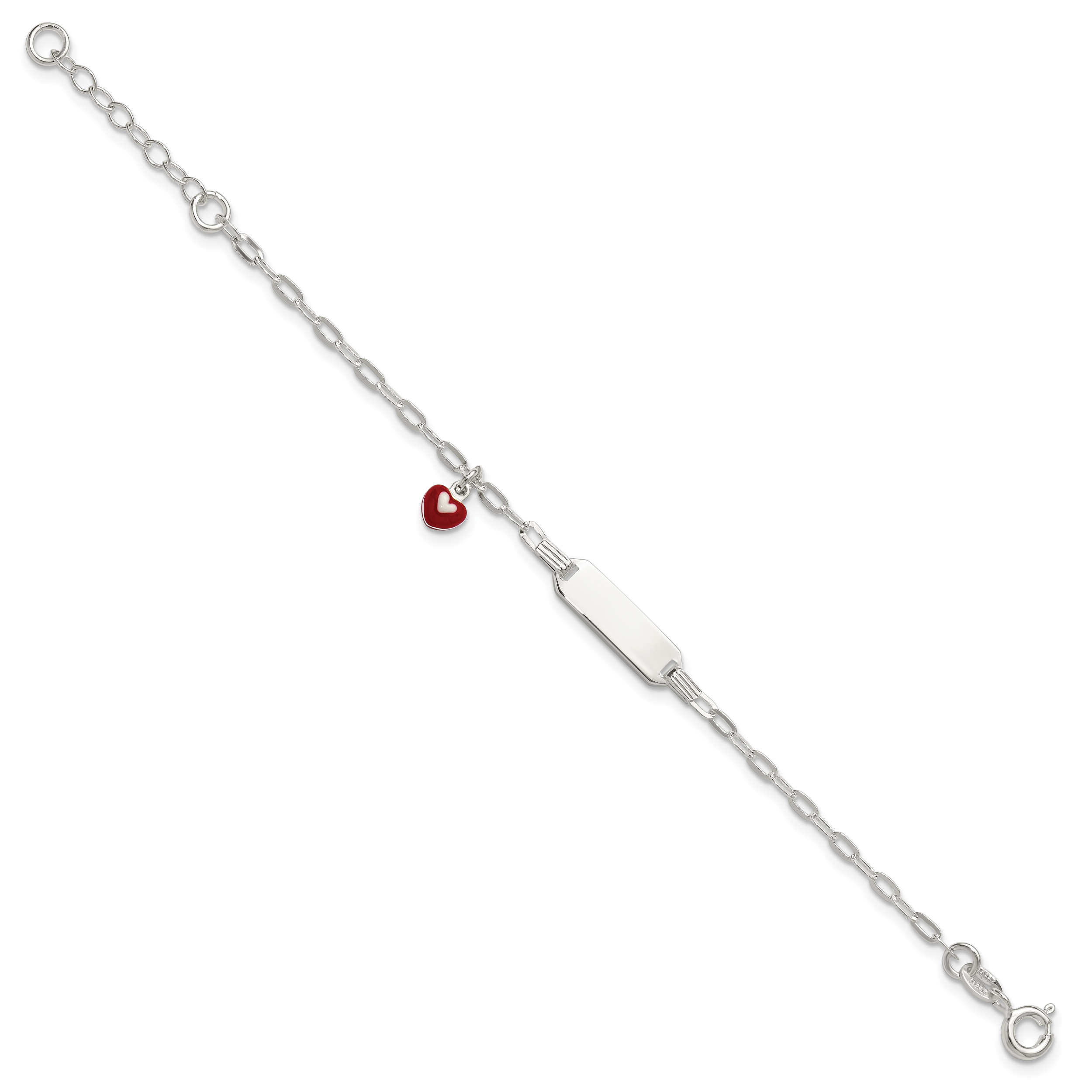 Sterling Silver Polished Red and White Enameled Heart Charm 5 inch with 1 inch extension Childrens ID Bracelet Secondary image