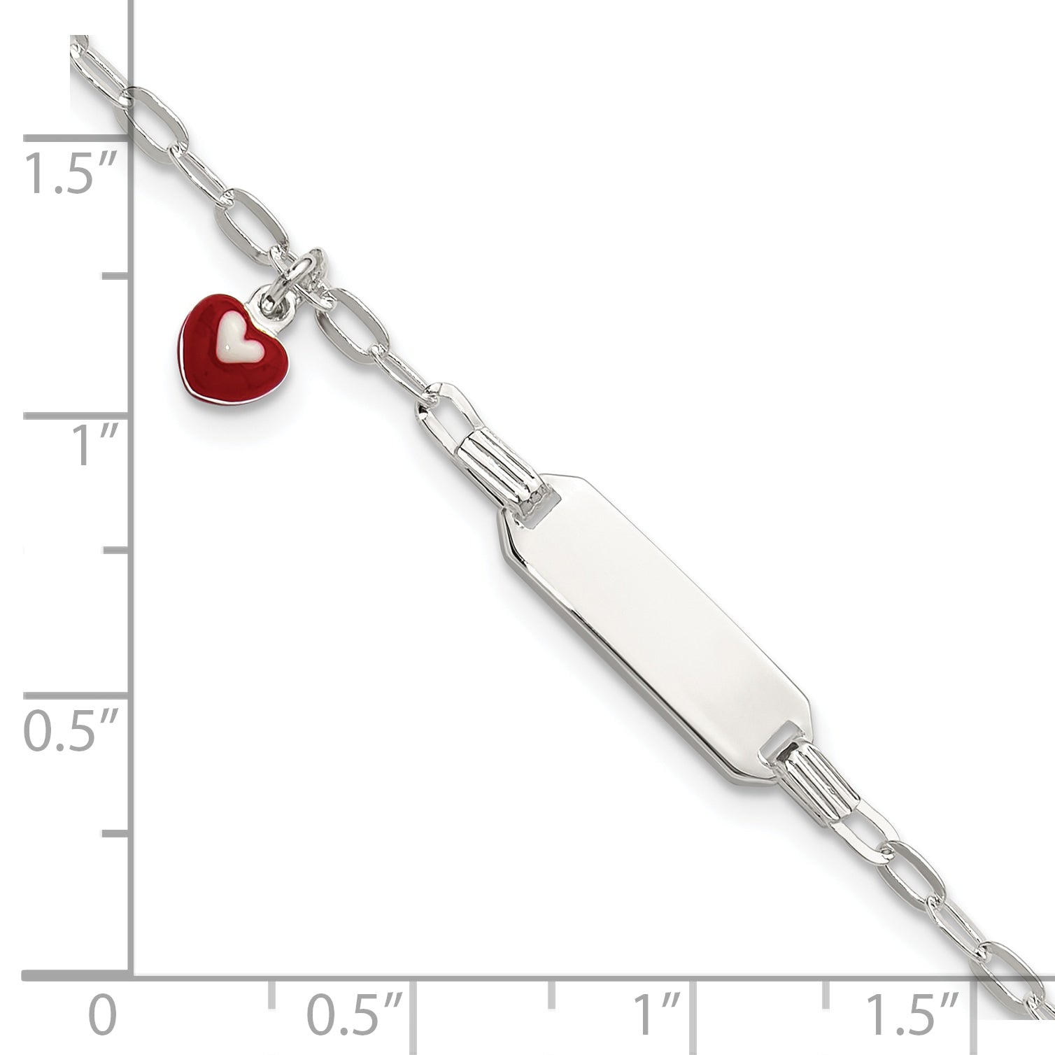 Sterling Silver Polished Red and White Enameled Heart Charm 5 inch with 1 inch extension Childrens ID Bracelet