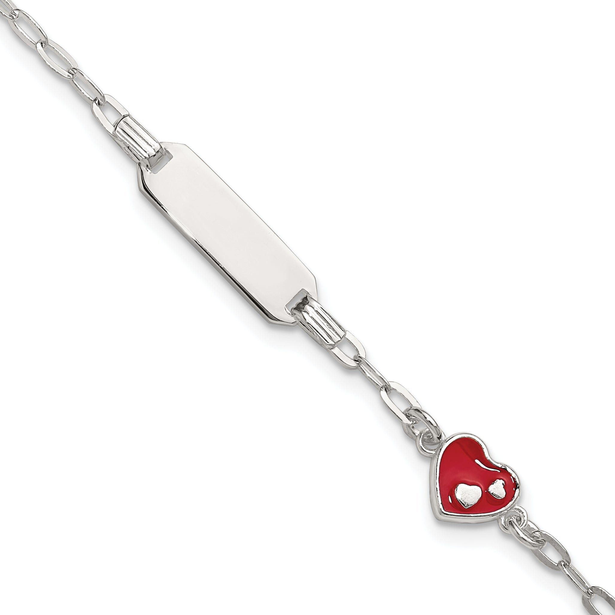 Sterling Silver Polished Red and White Enameled Heart 5 inch with 1 inch extension Childrens ID Bracelet Main image