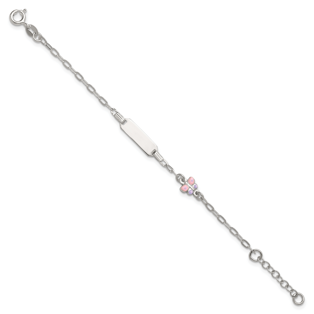 Sterling Silver Polished Pink and Purple Enameled Butterfly 5 inch with 1 inch extension Childrens ID Bracelet