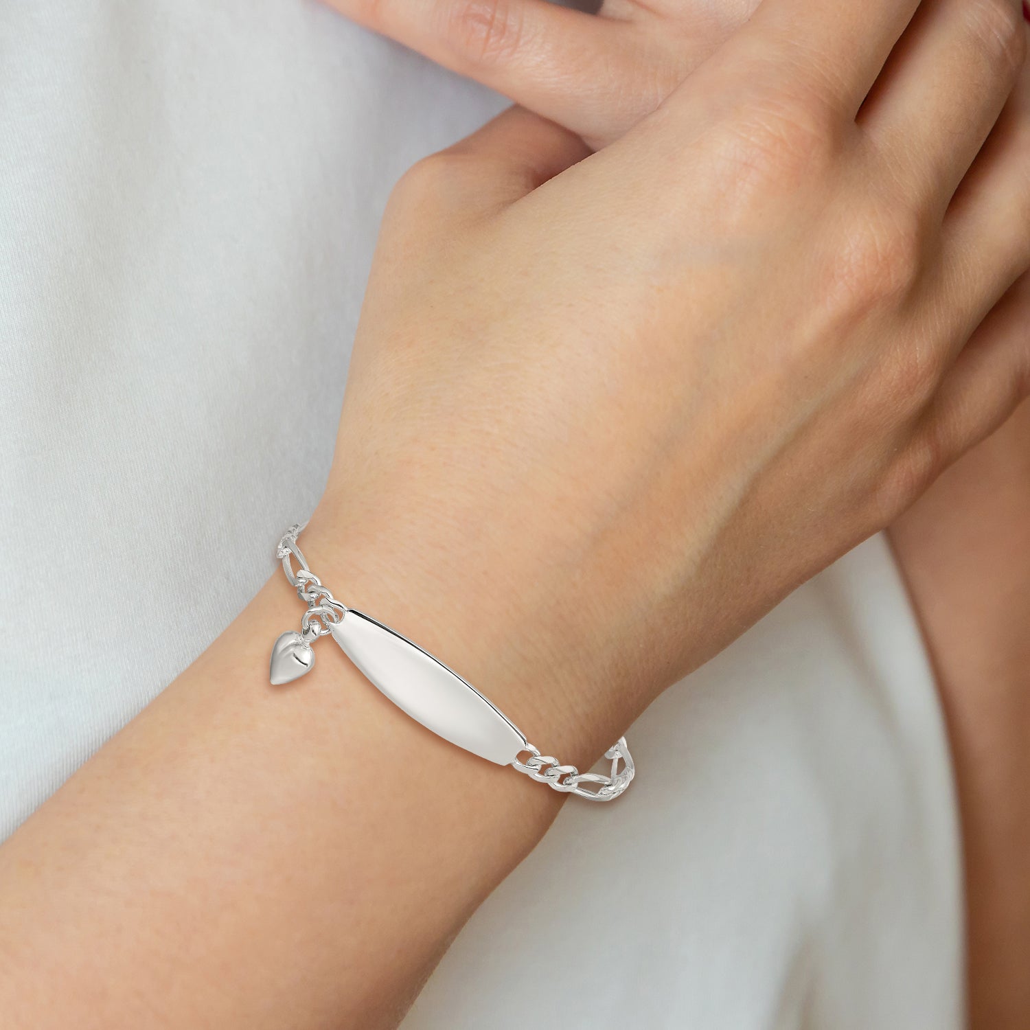 Sterling Silver ID with Heart Figaro Link Bracelet