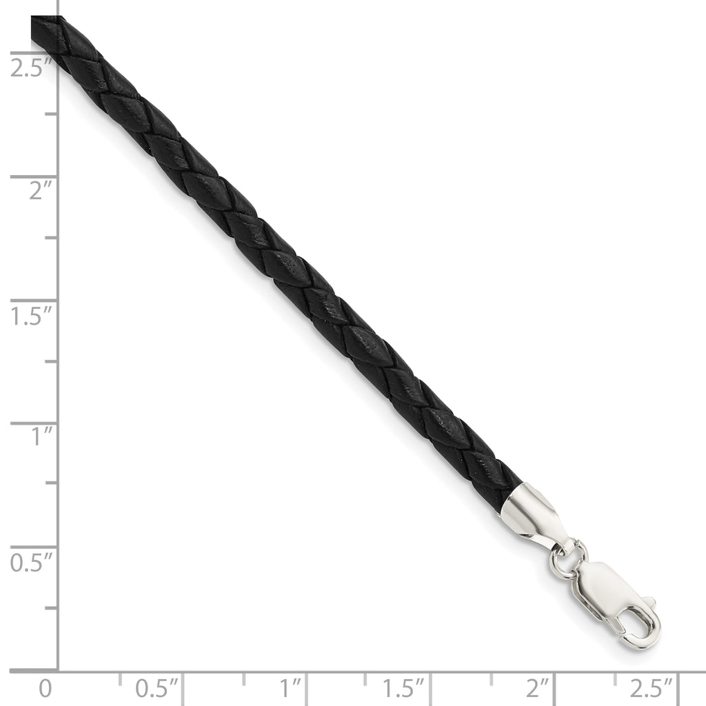 Sterling Silver 4mm Black Leather Braided Necklace