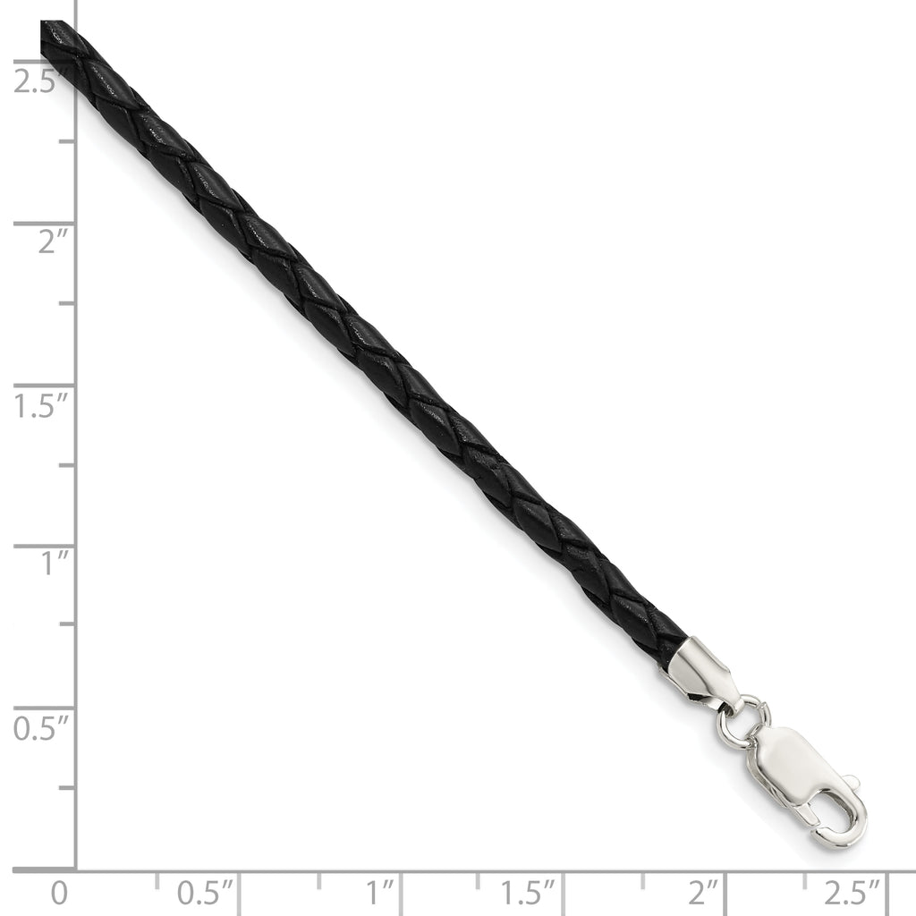 Sterling Silver 20inch 3mm Black Leather Braided Necklace