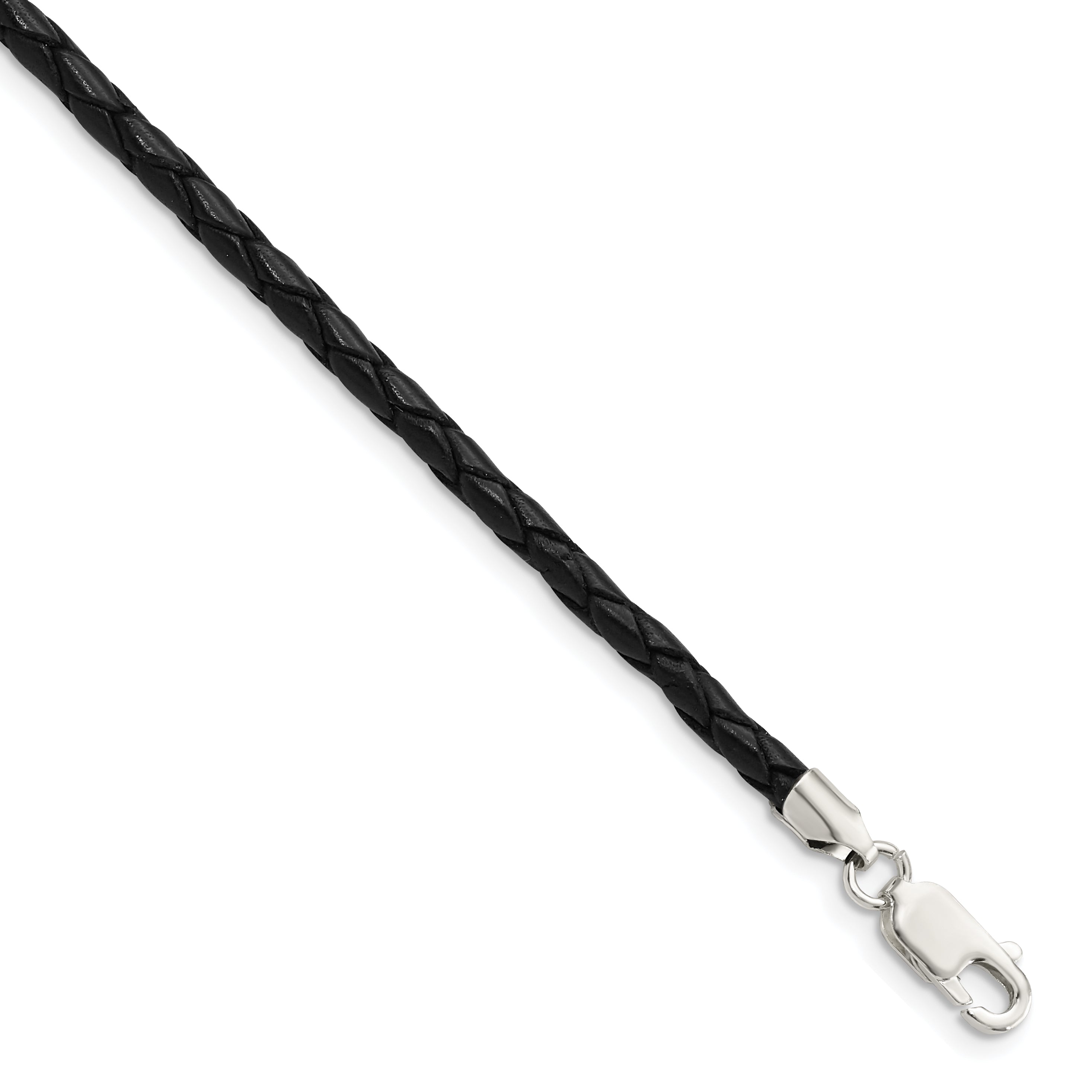 Sterling Silver 20inch 3mm Black Leather Braided Necklace Main image