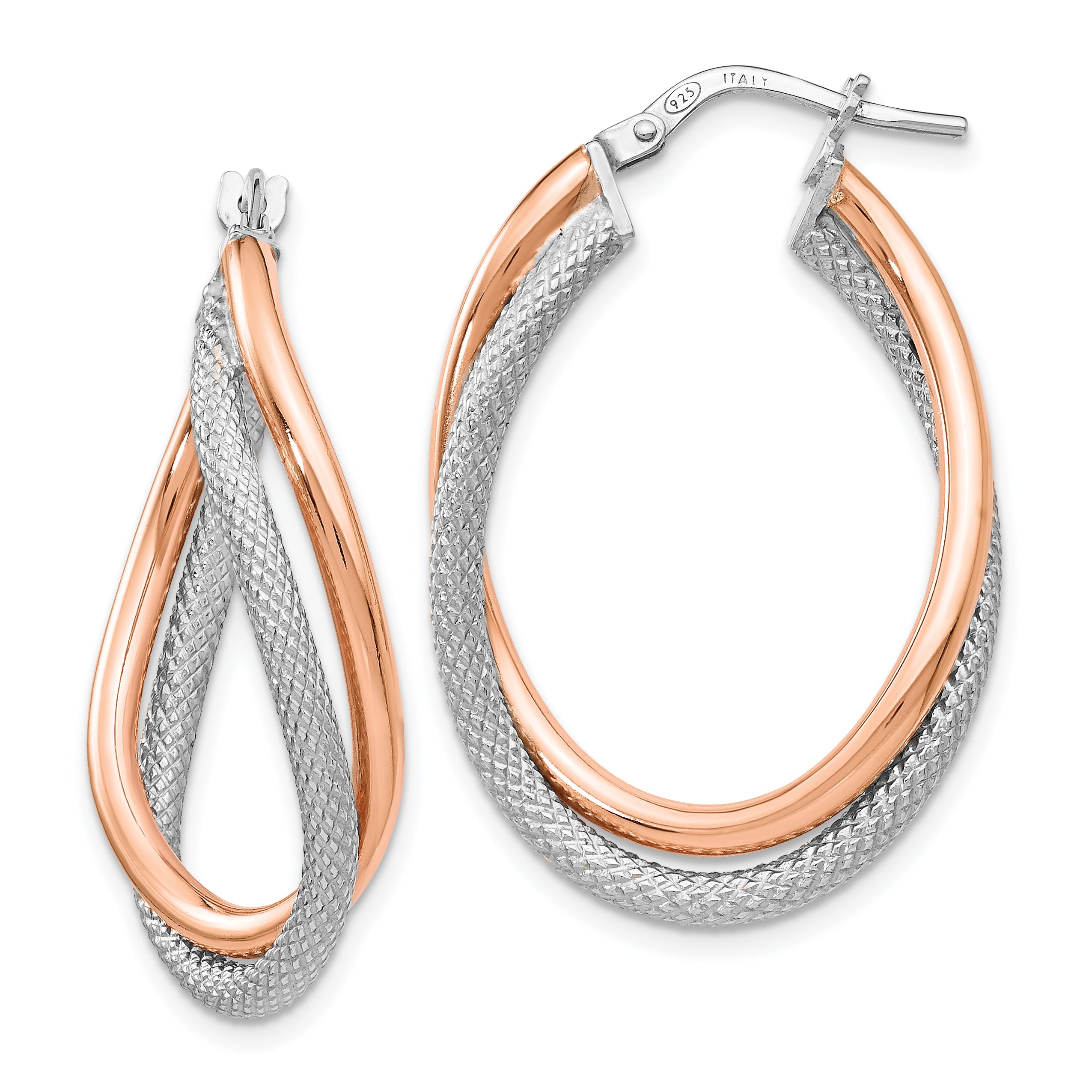 Sterling Silver Rose-tone Textured Hoop Earrings