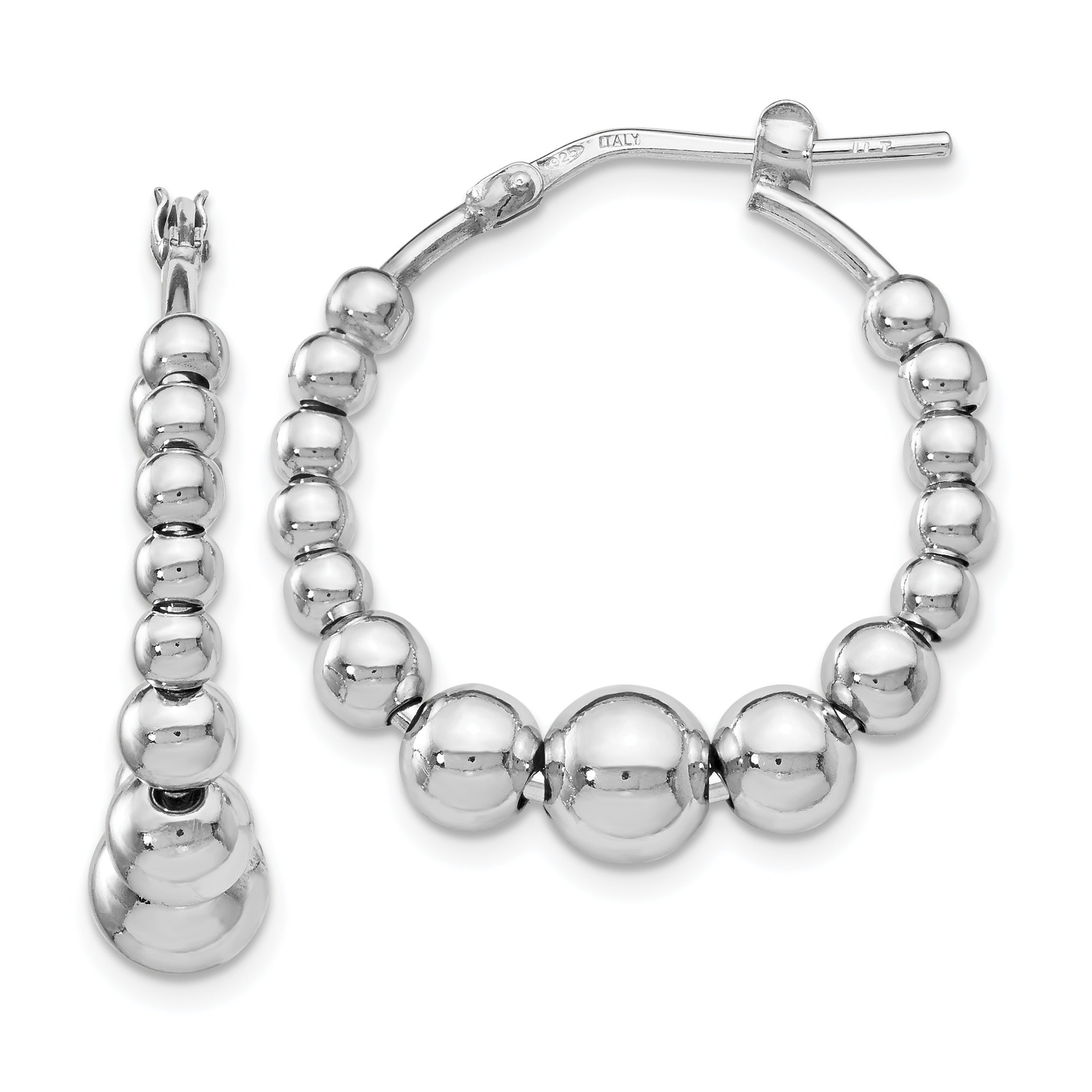 Sterling Silver RH-plated Polished Beaded Hoop Earrings