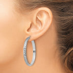 Sterling Silver RH-plated Polished & Textured Hoop Earrings