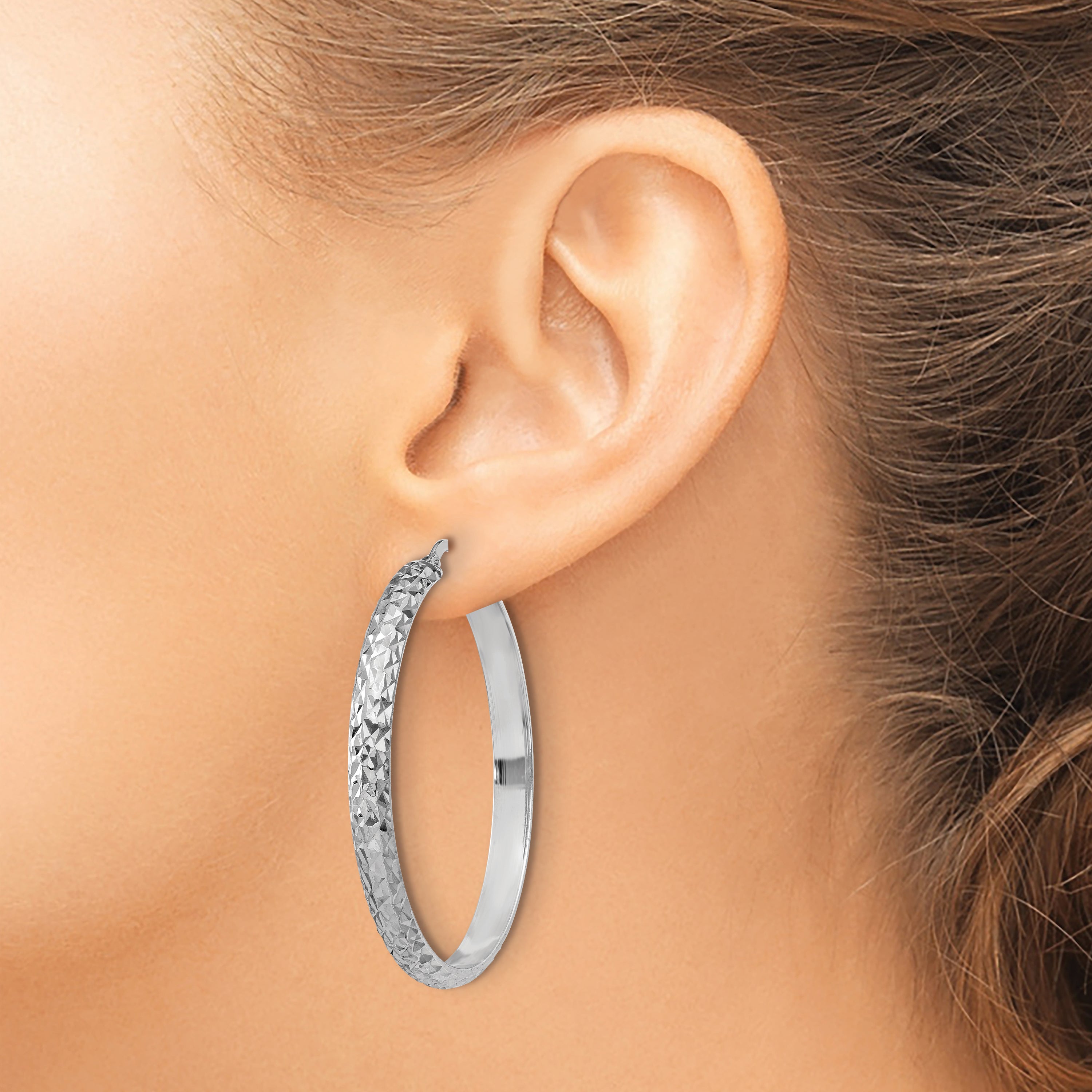 Sterling Silver RH-plated Polished & Textured Hoop Earrings