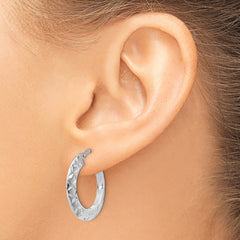 Sterling Silver RH-plated Polished & Textured Hoop Earrings