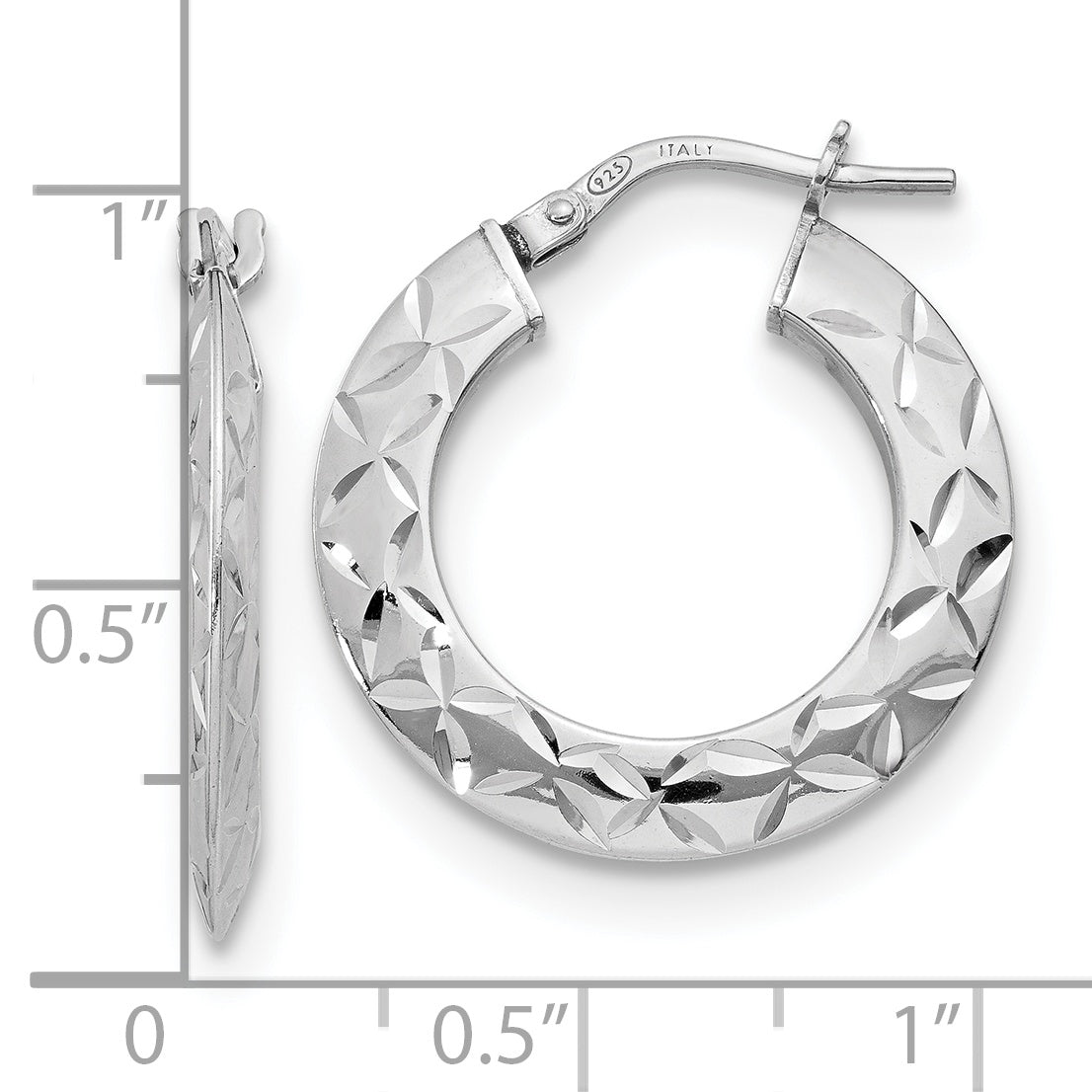 Sterling Silver RH-plated Polished & Textured Hoop Earrings