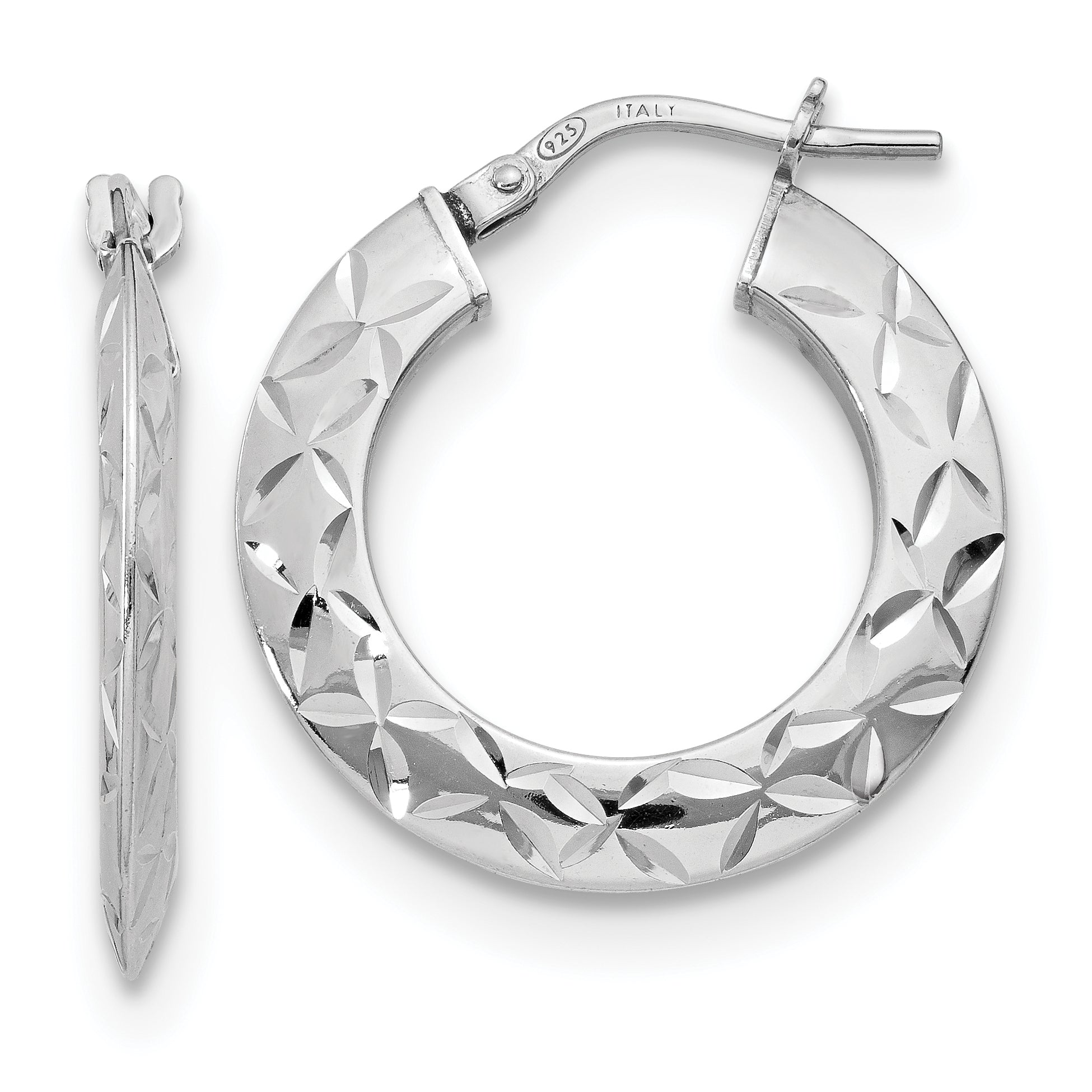 Sterling Silver RH-plated Polished & Textured Hoop Earrings Main image