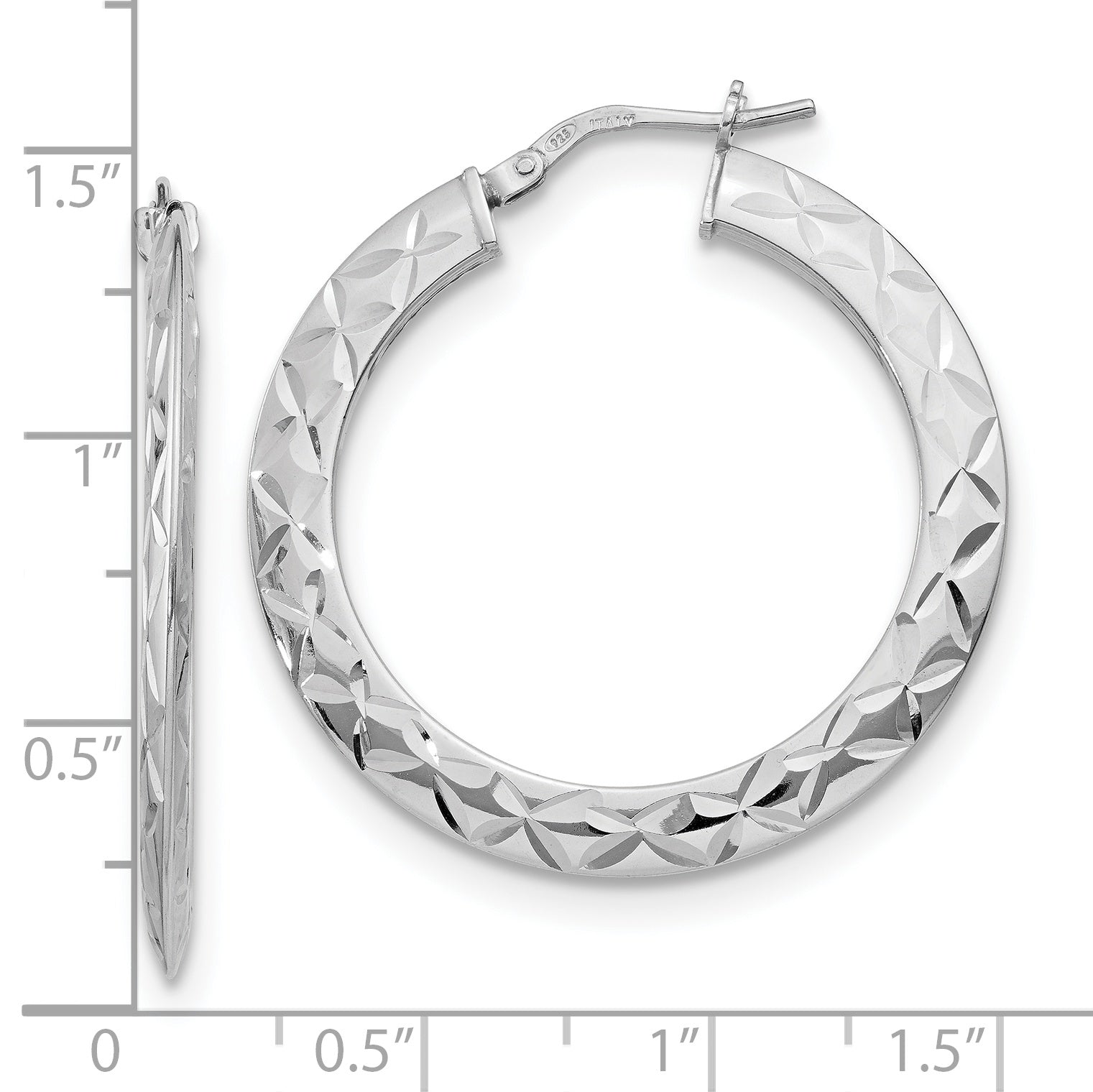 Sterling Silver RH-plated Polished & D/C Hoop Earrings