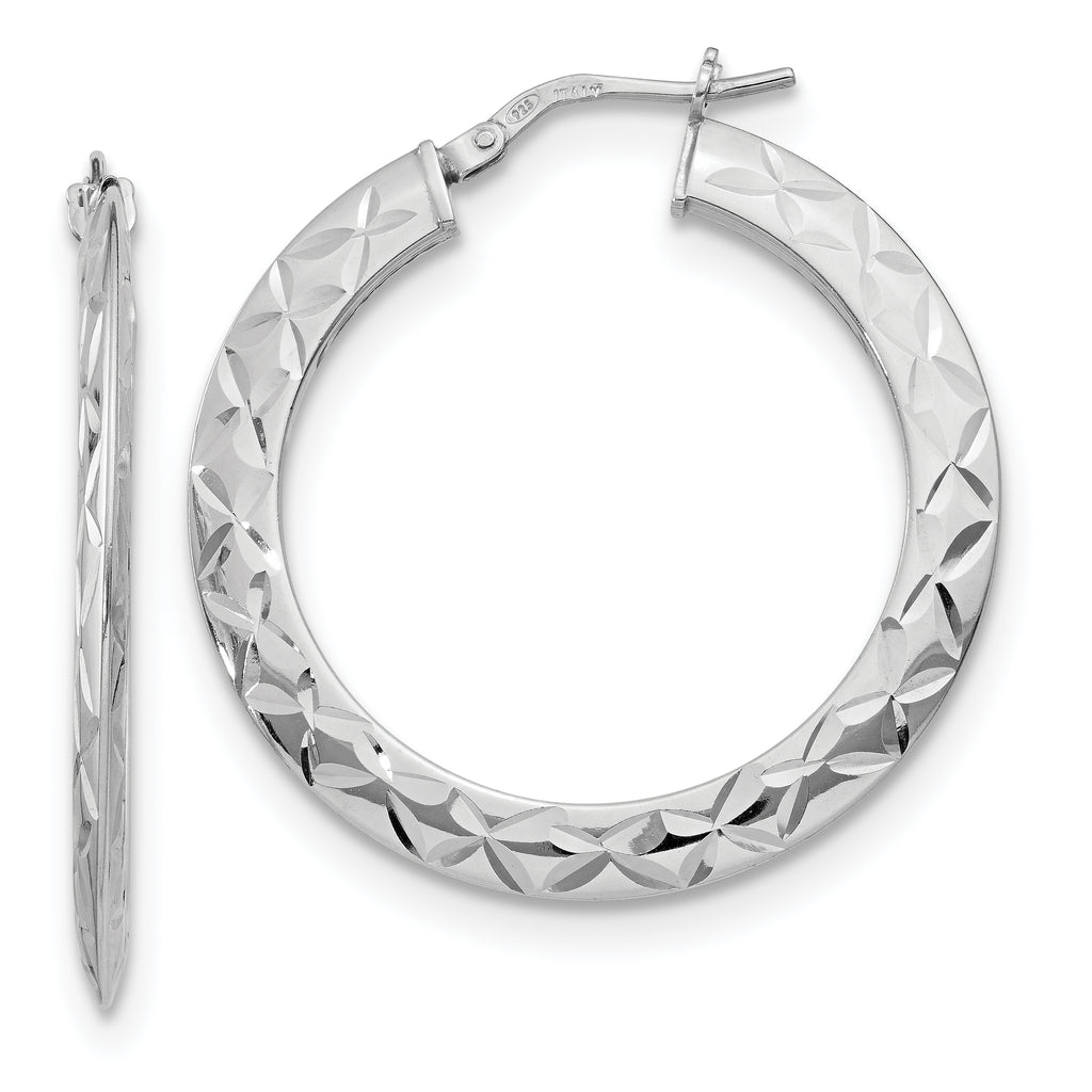 Sterling Silver RH-plated Polished & D/C Hoop Earrings