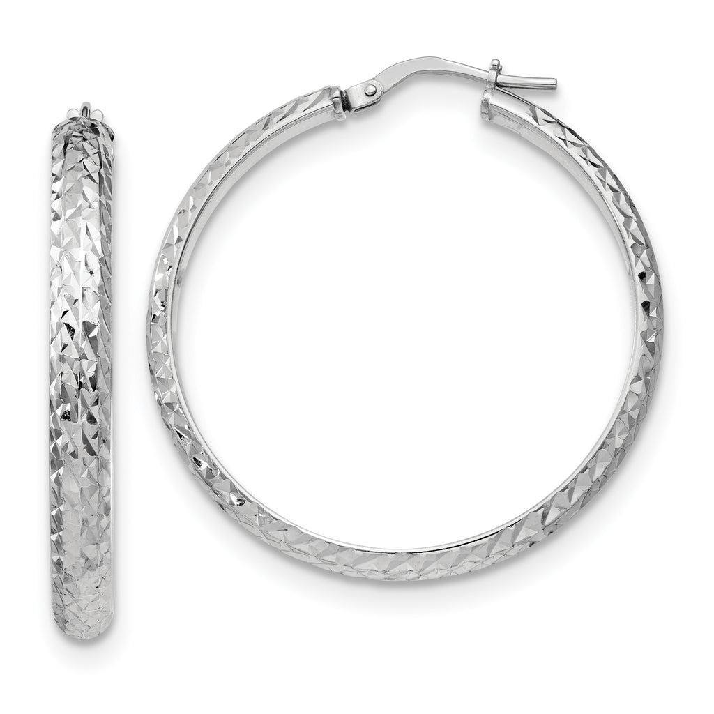 Sterling Silver RH-plated Polished & Textured Hoop Earrings