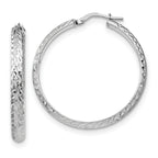 Sterling Silver RH-plated Polished & Textured Hoop Earrings