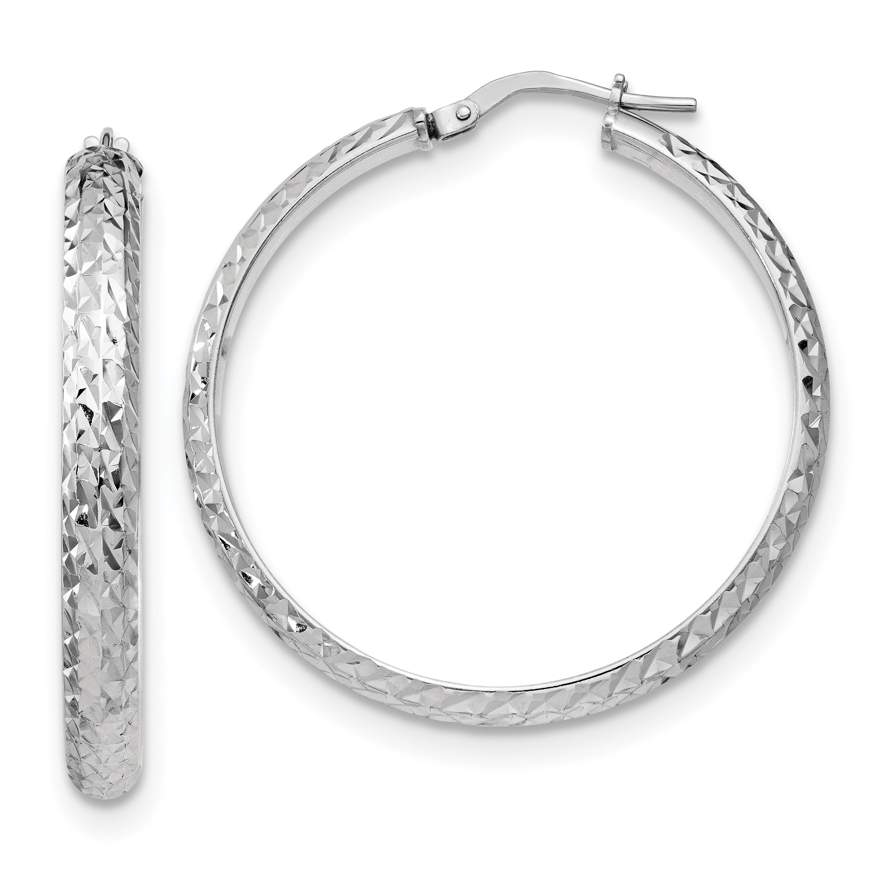Sterling Silver RH-plated Polished & Textured Hoop Earrings