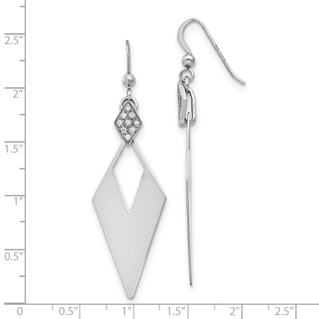 Sterling Silver RH-plated Polished Crystal Diamond Shape Dangle Ea