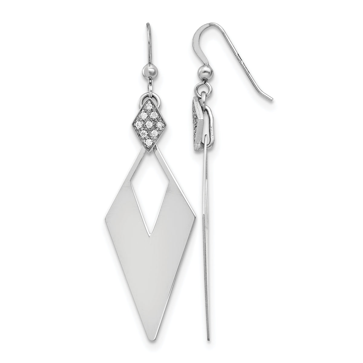 Sterling Silver RH-plated Polished Crystal Diamond Shape Dangle Ea