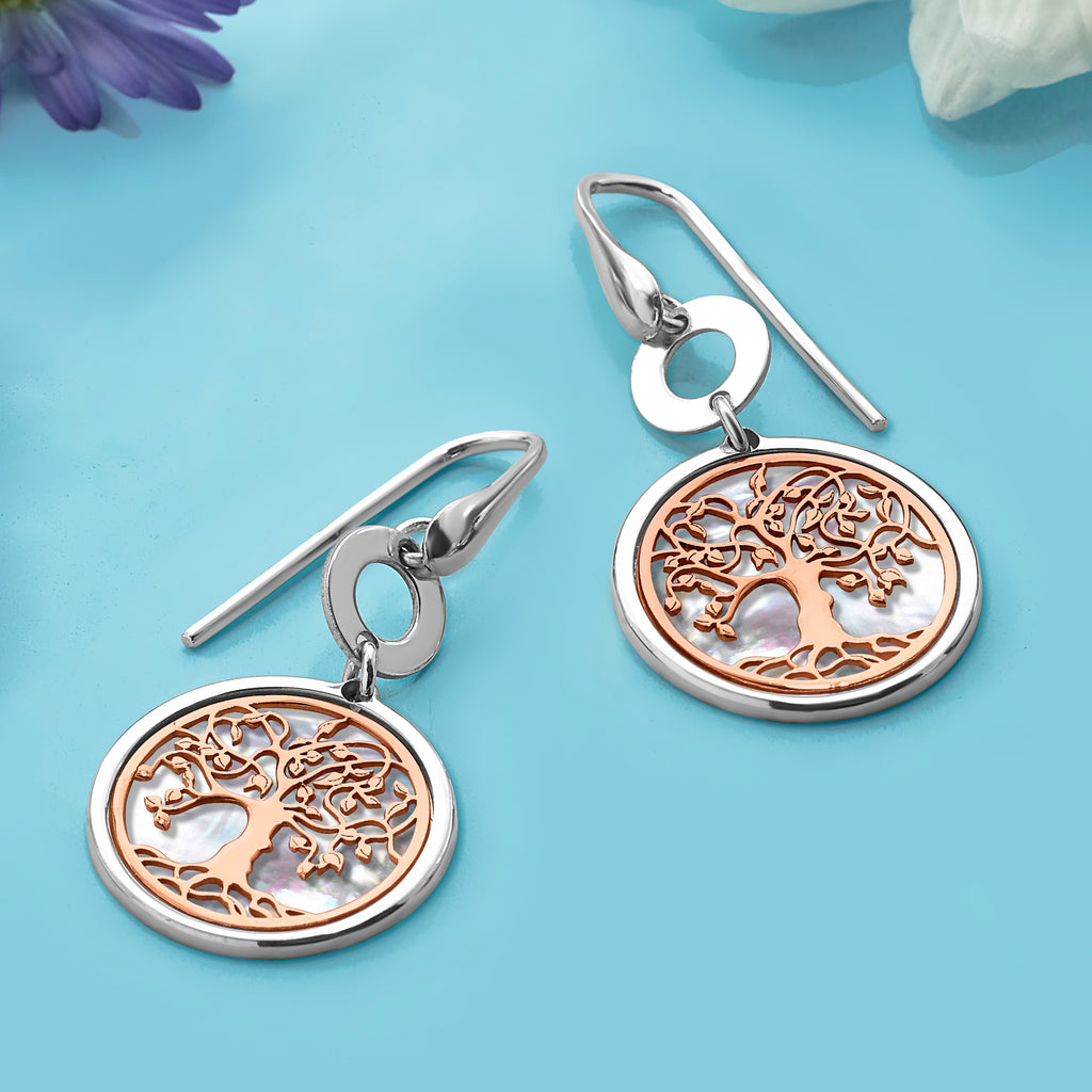 Sterling Silver & Rose-tone MOP Tree of Life Dangle Earrings