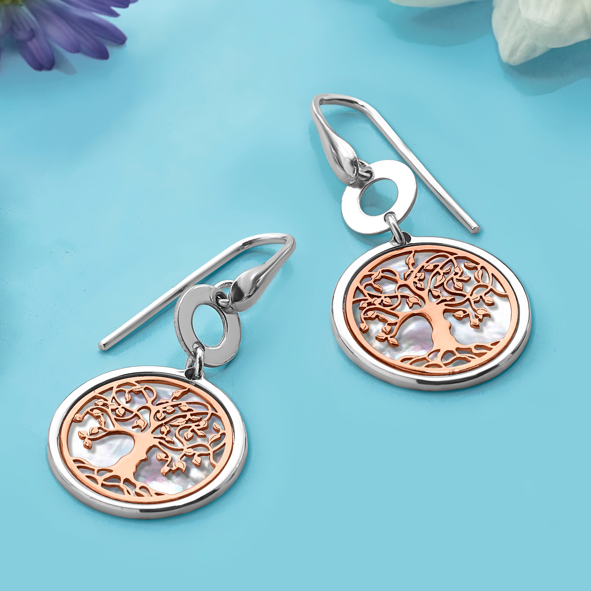Sterling Silver & Rose-tone MOP Tree of Life Dangle Earrings