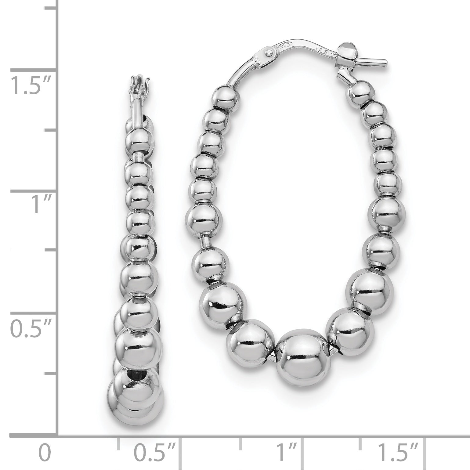 Sterling Silver RH-plated Polished Beaded Hoop Earrings