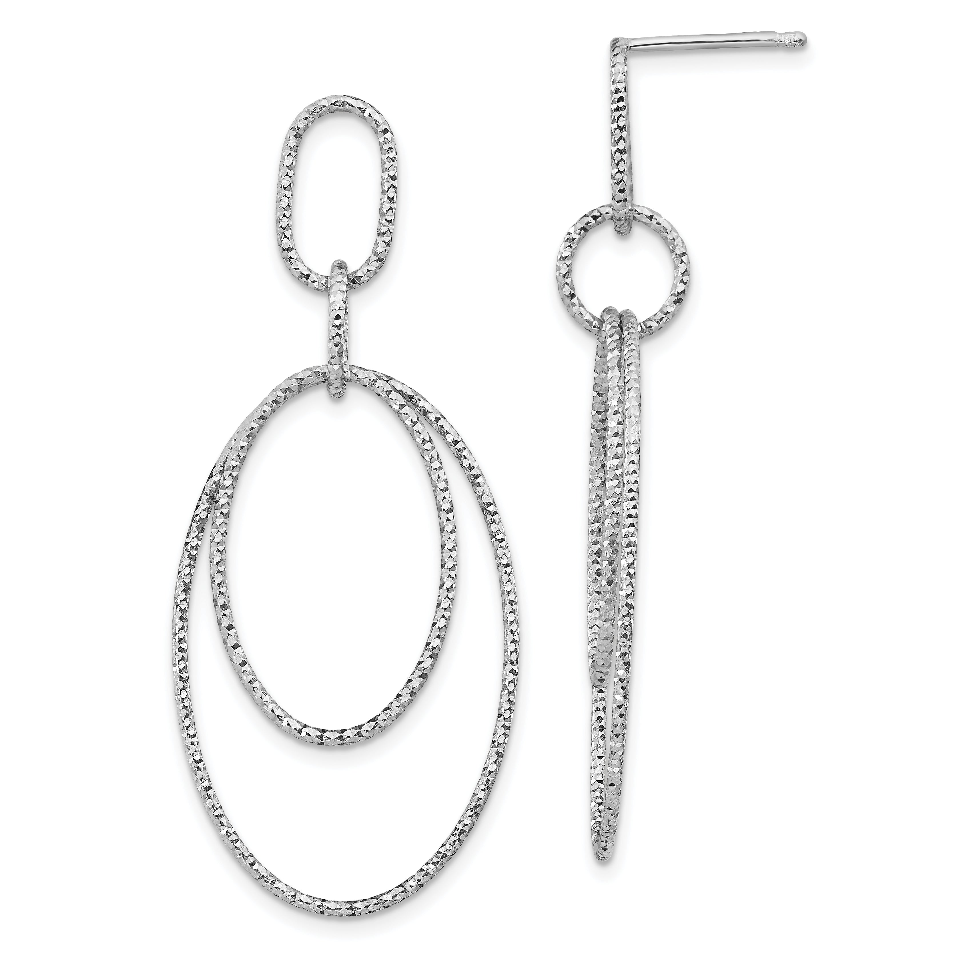 Sterling Silver Rh-plated D/C Oval Post Dangle Earrings
