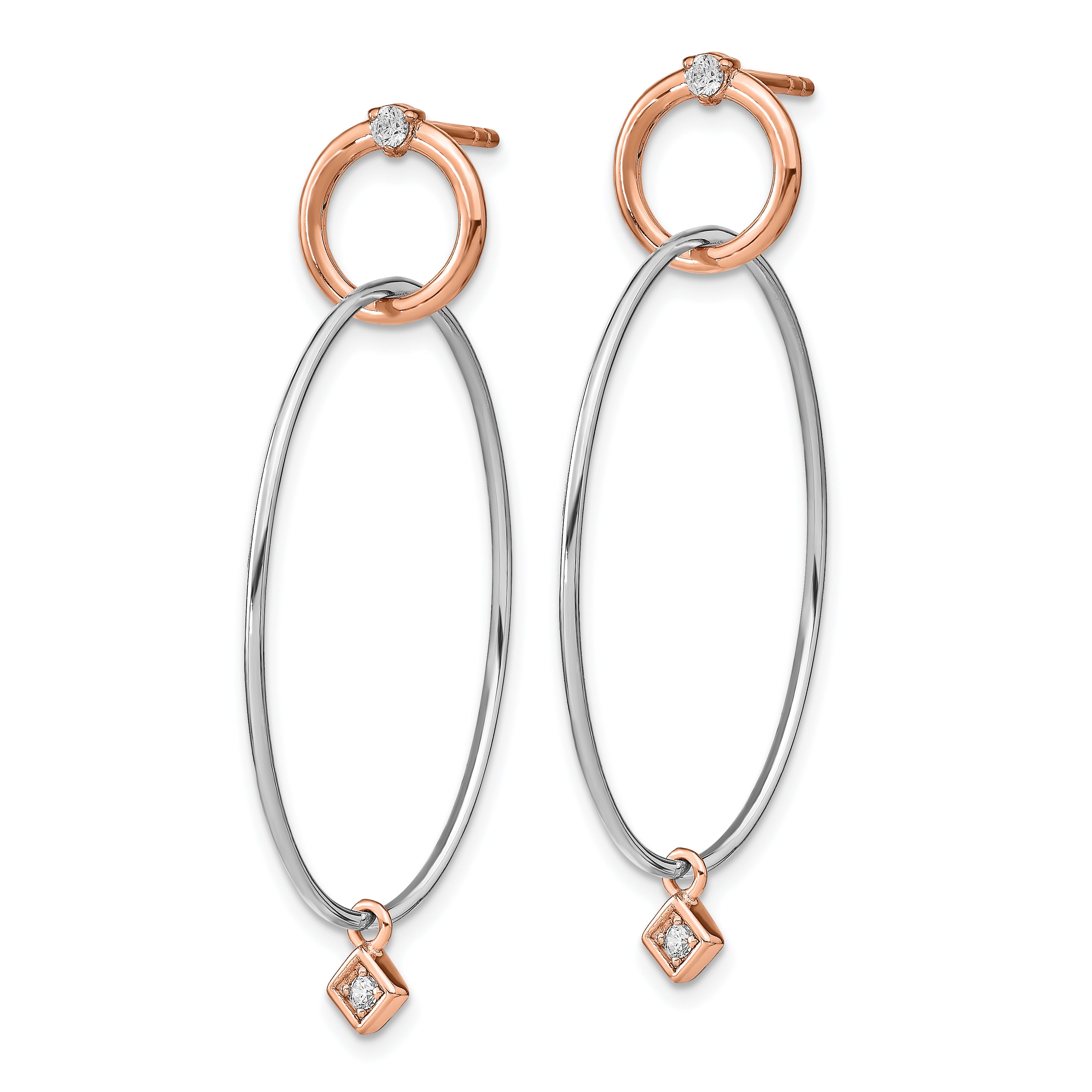 Sterling Silver Rose Gold-plated Rhd-plat CZ Post Dangle Earrings Secondary image