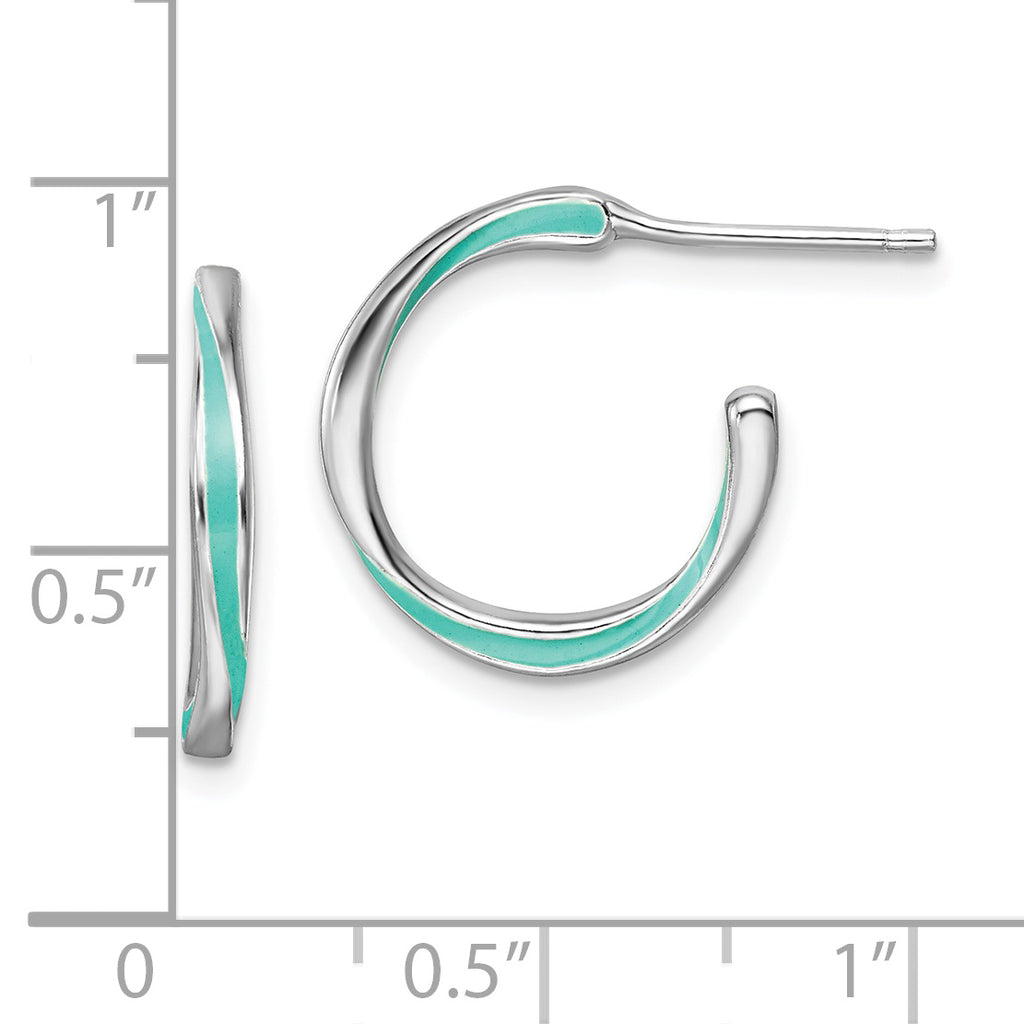 Sterling Silver Rhodium-plated Aqua Enameled Hoop Earrings