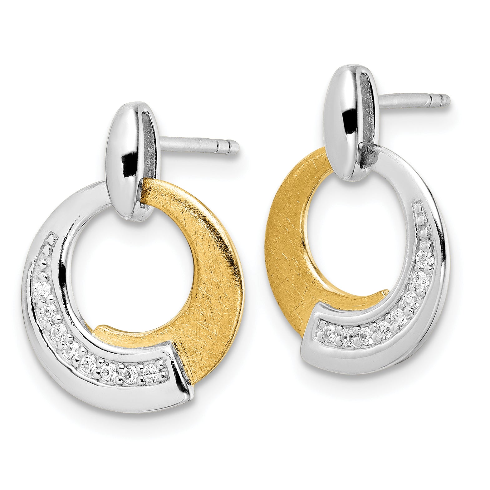 Sterling Silver Rh-p and Gold-plated CZ Brushed Dangle Earrings Secondary image