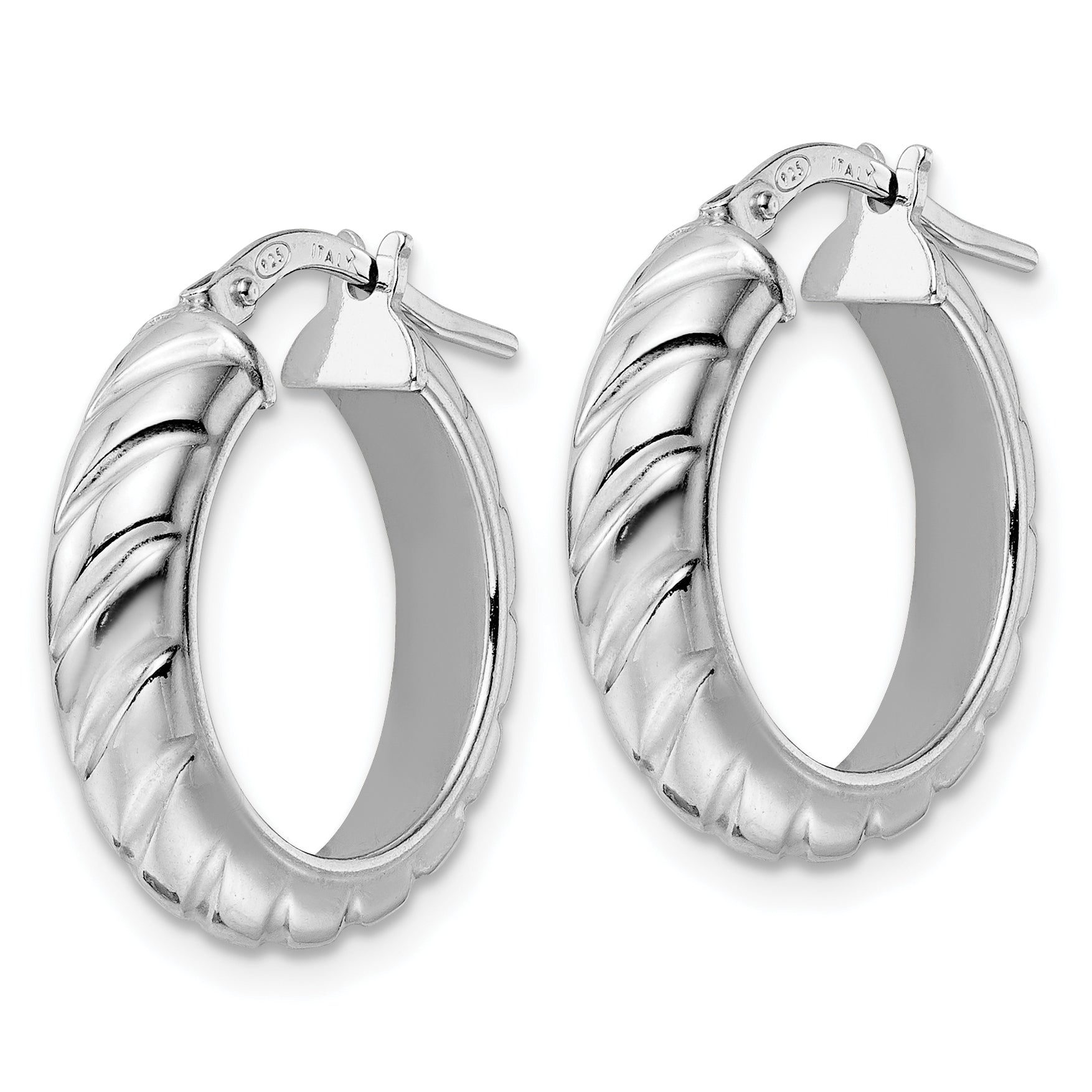 Sterling Silver Rhod-plated Polished Textured Hoop Earrings Secondary image