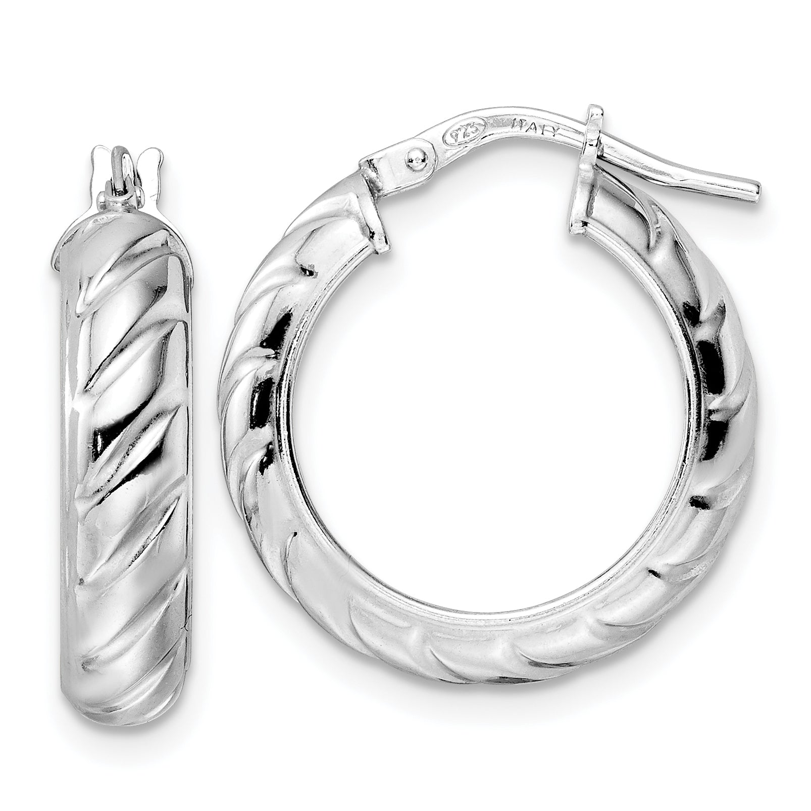 Sterling Silver Rhod-plated Polished Textured Hoop Earrings Main image