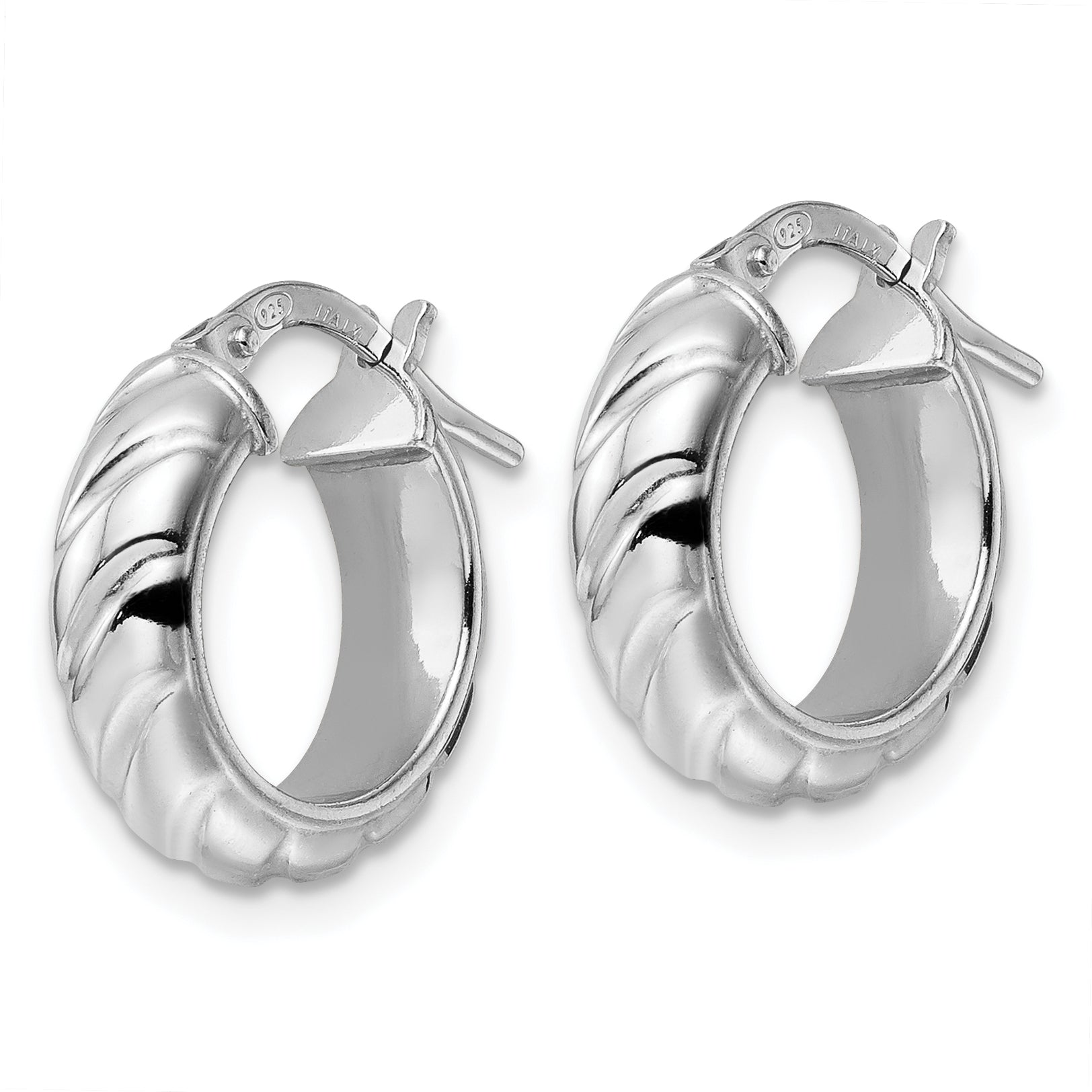 Sterling Silver Rhod-plated Polished Textured Hoop Earrings