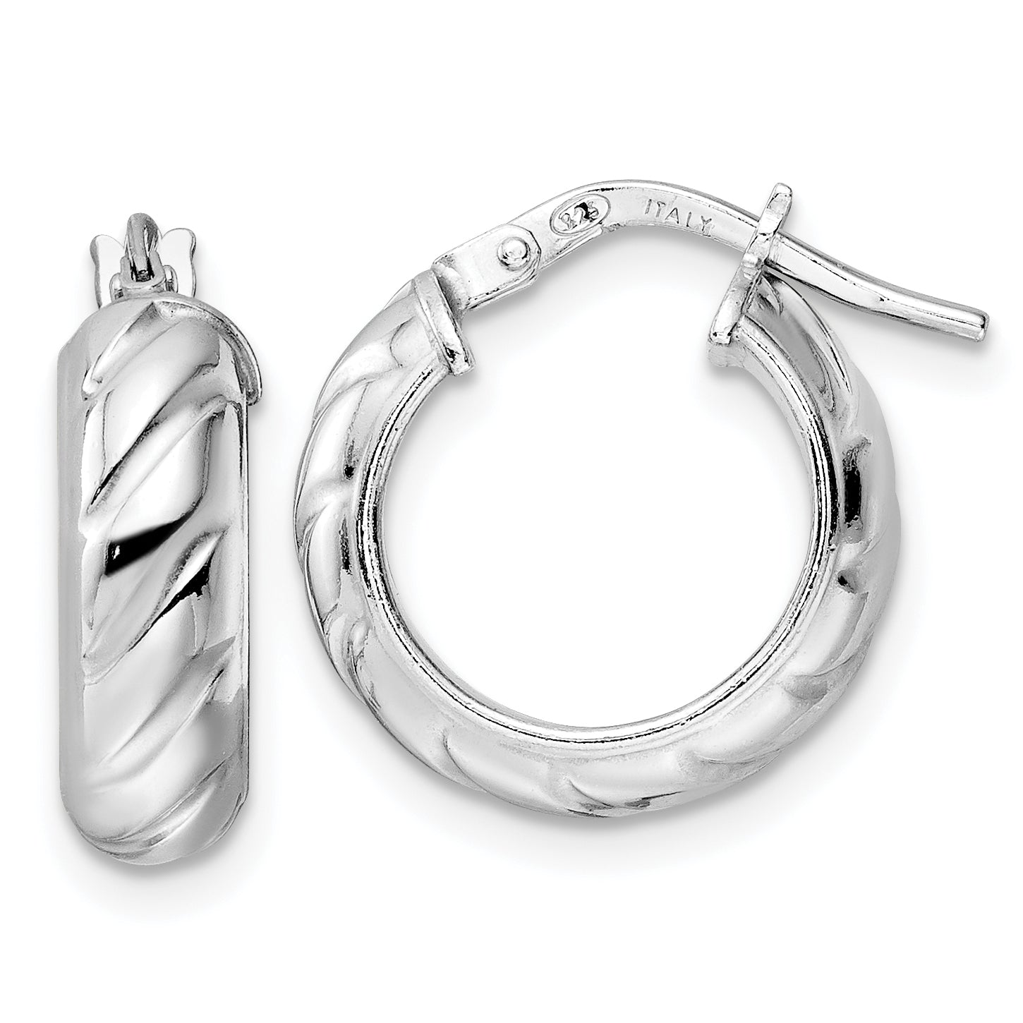 Sterling Silver Rhod-plated Polished Textured Hoop Earrings Main image