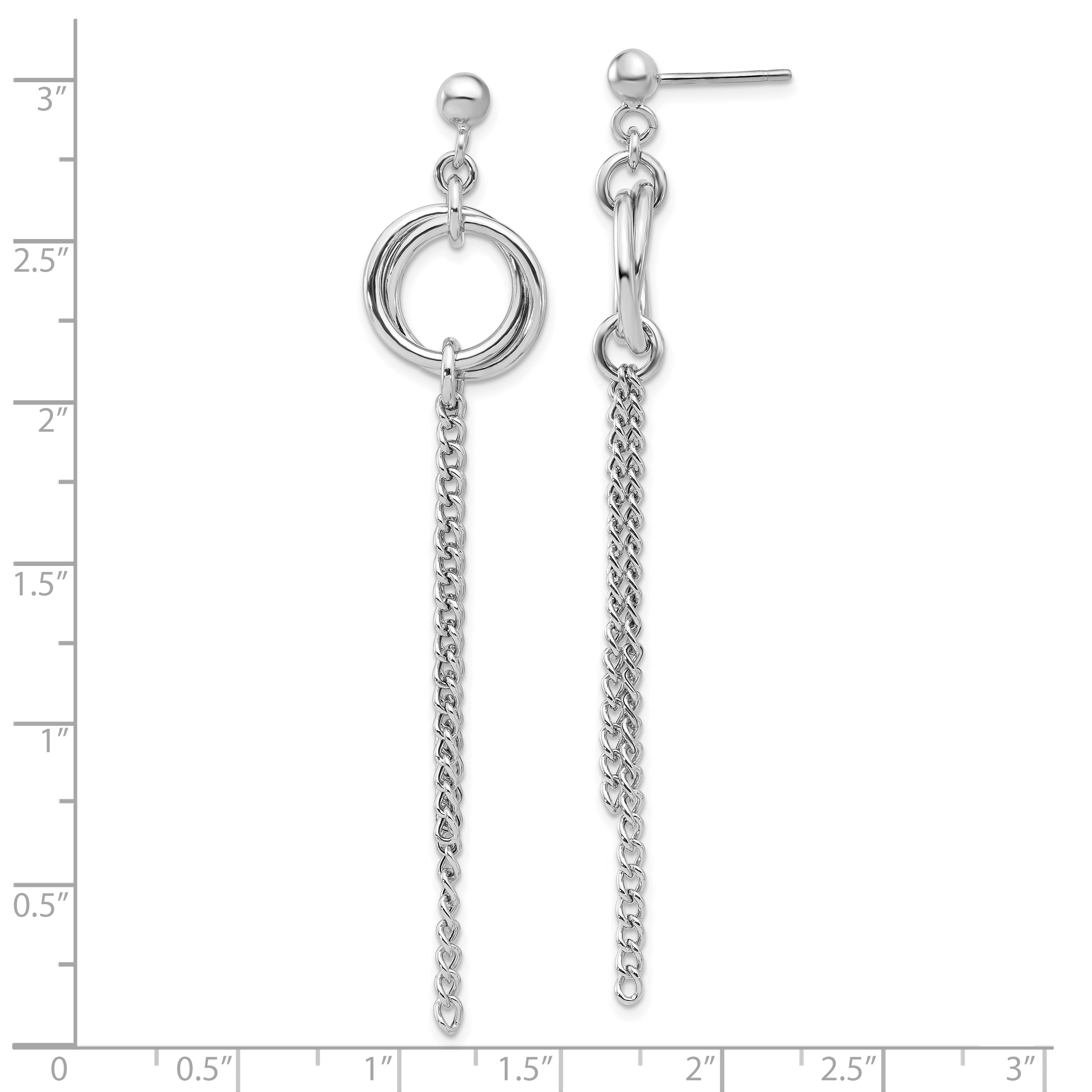 Sterling Silver RH-plated Polished Circle Drop Chain Post Earrings