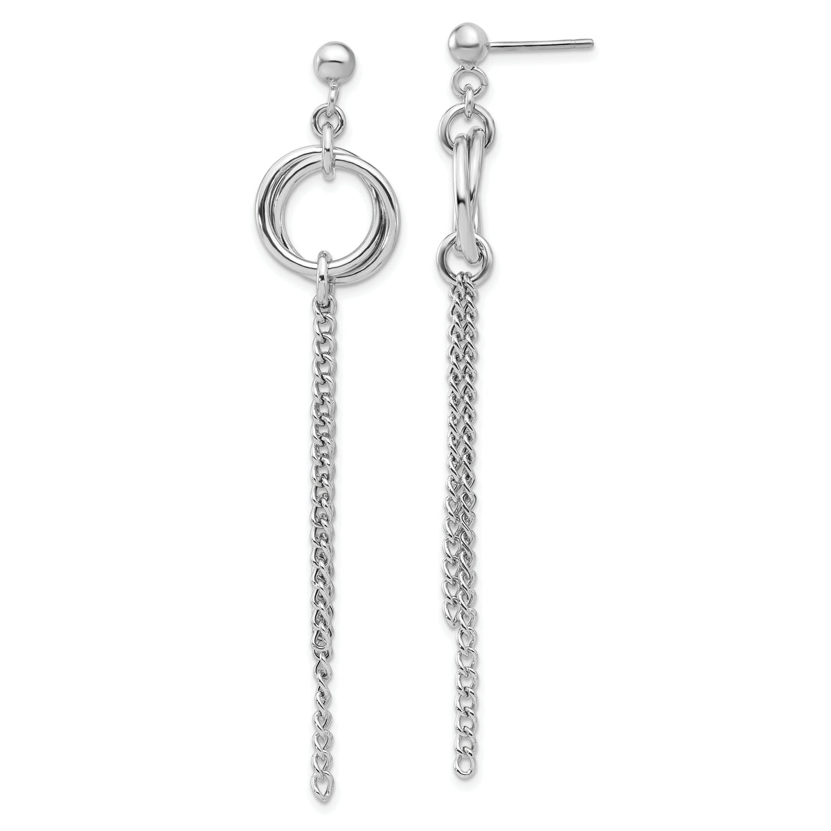 Sterling Silver RH-plated Polished Circle Drop Chain Post Earrings