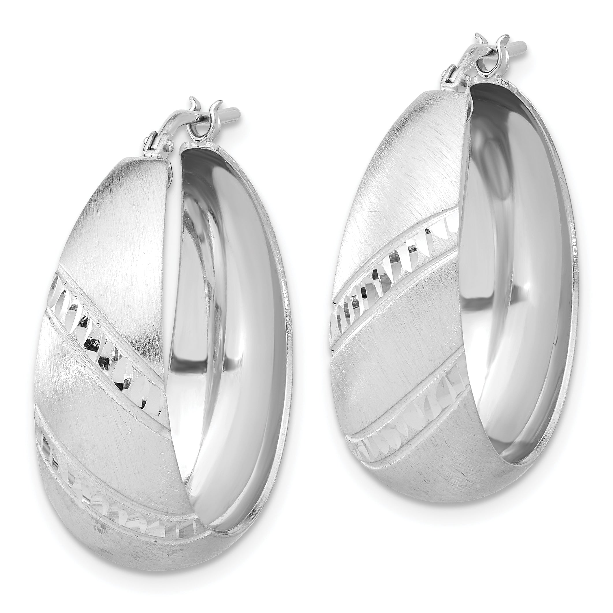 Sterling Silver Rhodium-plated Satin Diamond-cut Hoop Earrings Secondary image
