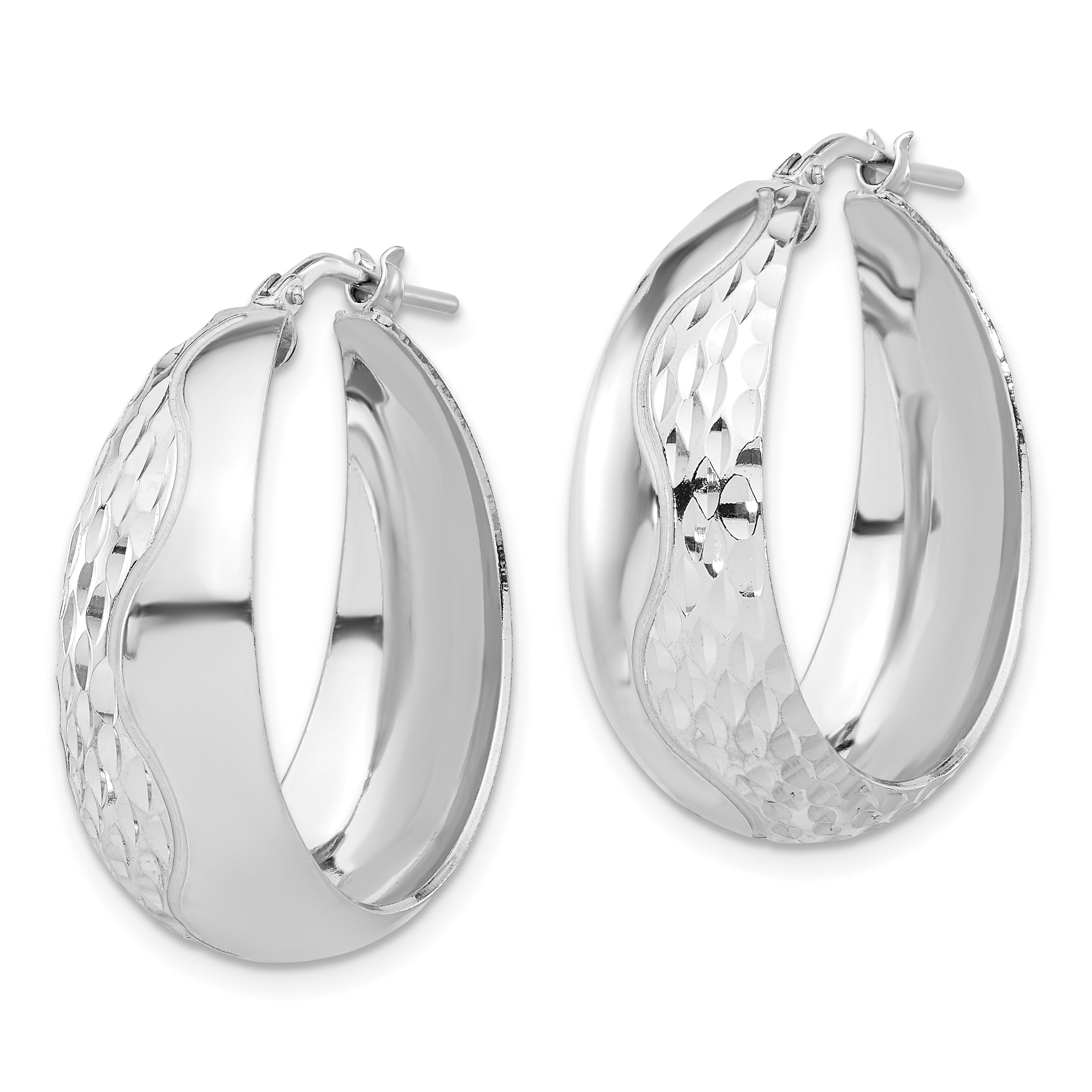 Sterling Silver Rhodium-plated Polished and Textured Hoop Earrings Secondary image