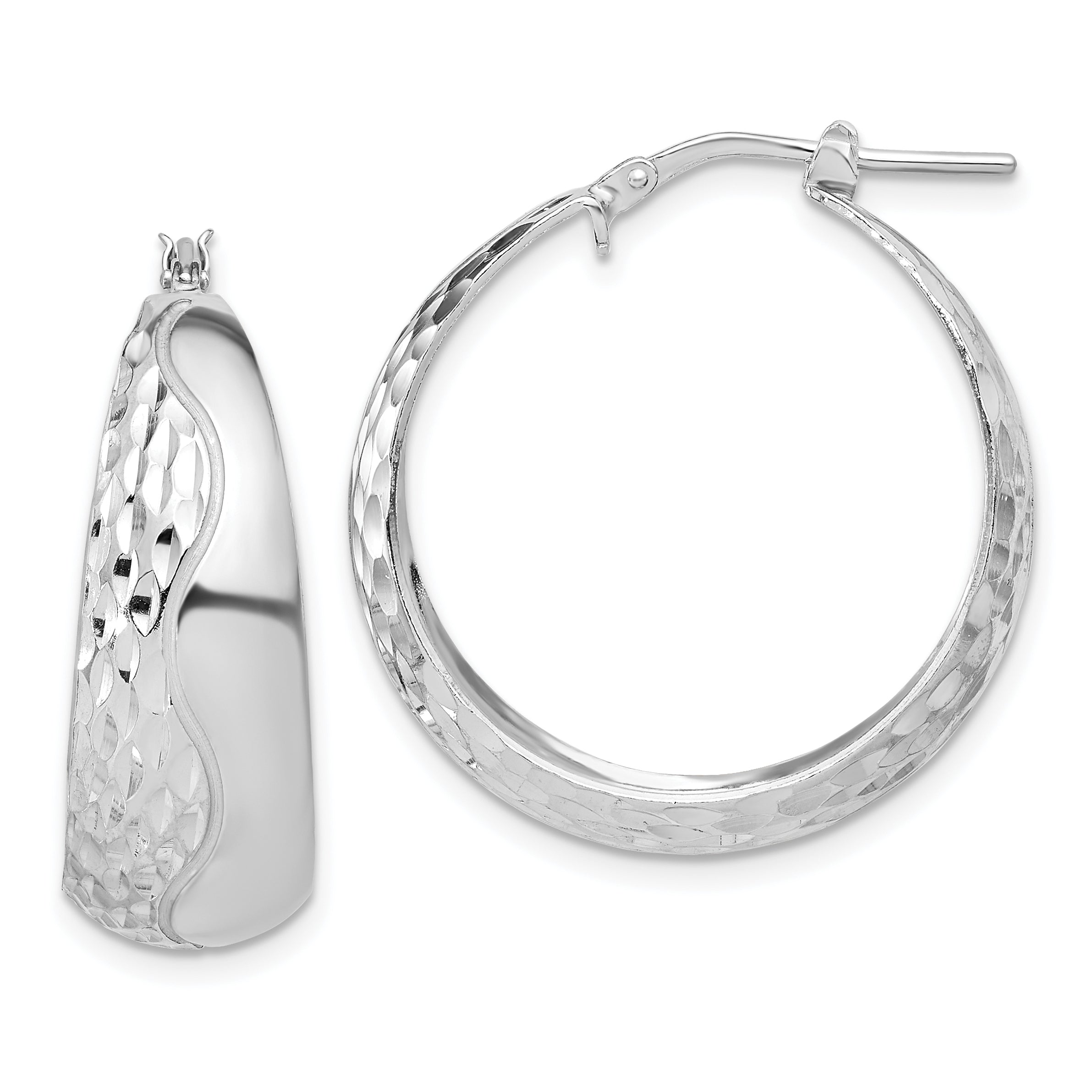 Sterling Silver Rhodium-plated Polished and Textured Hoop Earrings Main image
