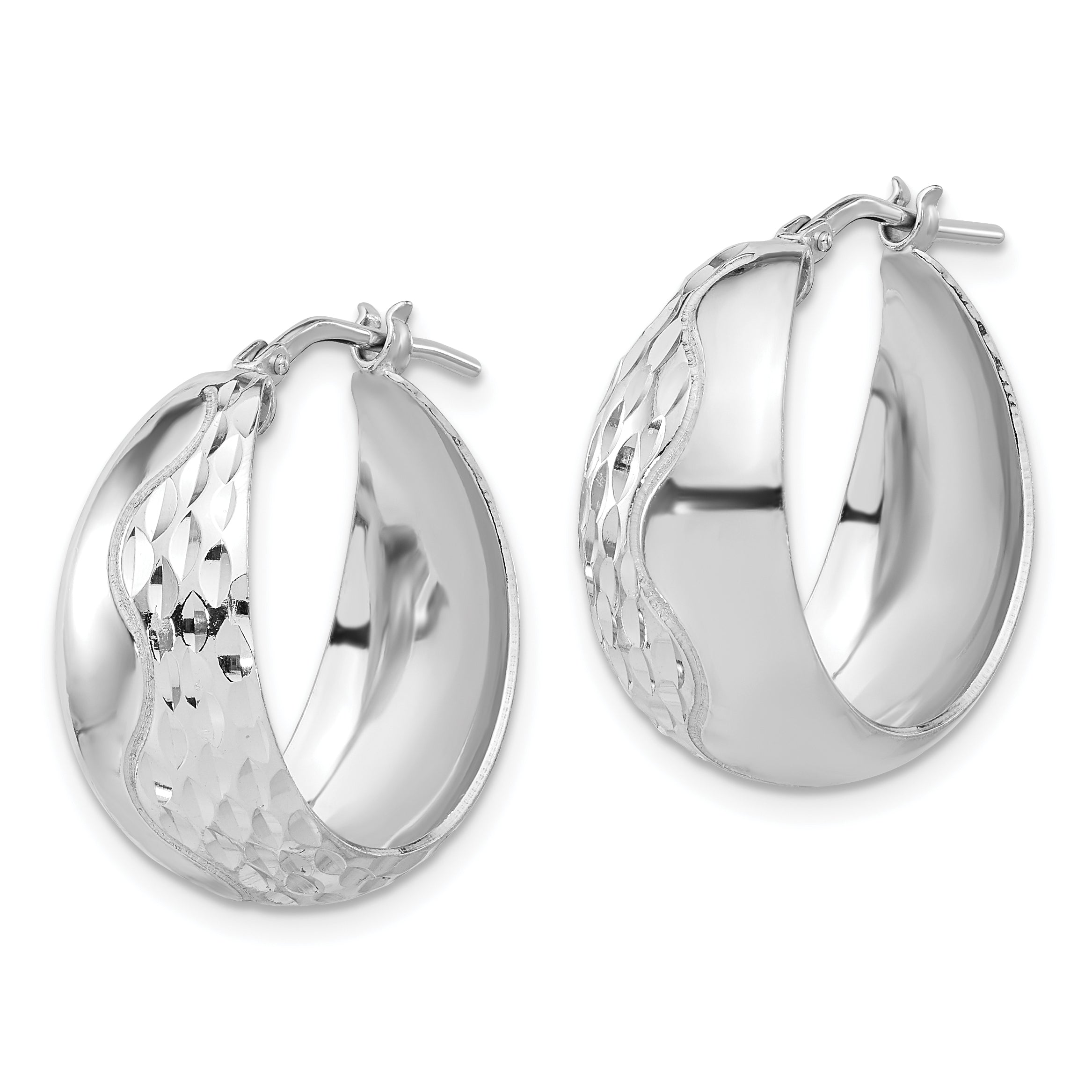 Sterling Silver Rhodium-plated Polished and Textured Hoop Earrings Secondary image
