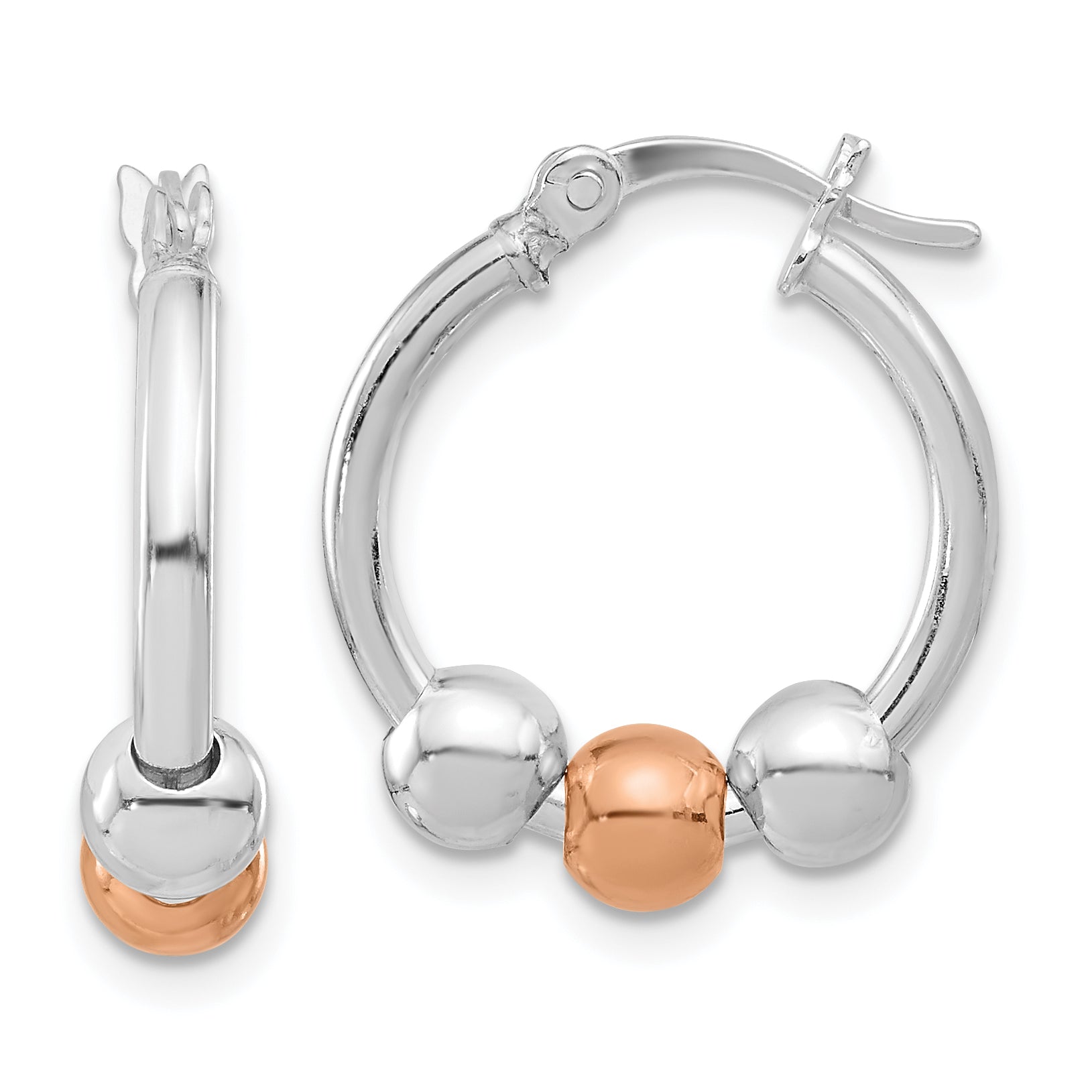 Sterling Silver Rhodium-plated and Rose-tone Beaded Hoop Earrings